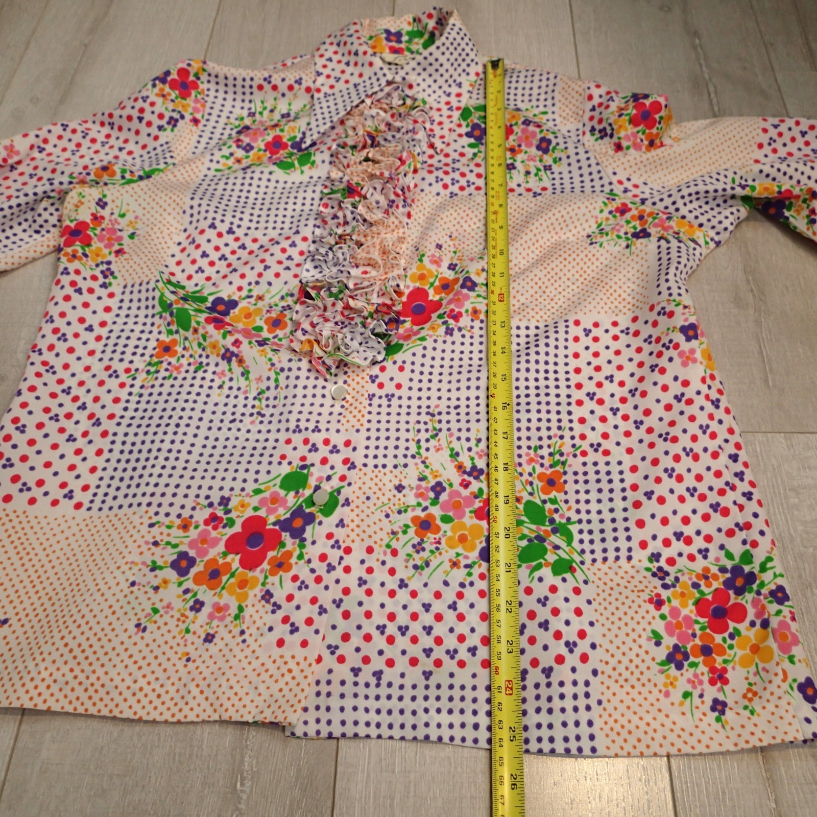 1960’ Button Up Blouse .vtg floral Terry Chicago Brand ruffle shirt top sz L?