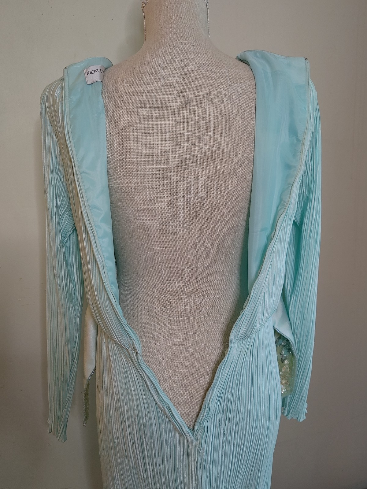 Vintage Ricki Lang Nuit Fortuny Pleat Evening Dress Deco Sequin 14 USA Union tag