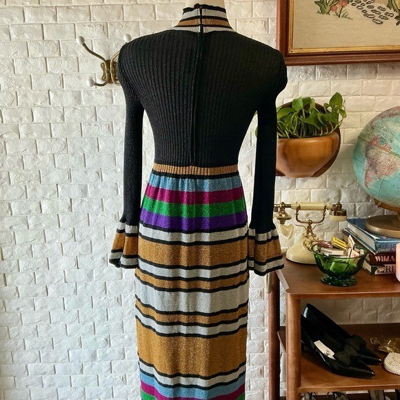 Vintage 1970s Italian Metallic Striped Colorblock Glitter Lurex Ribbed Knit Gown
