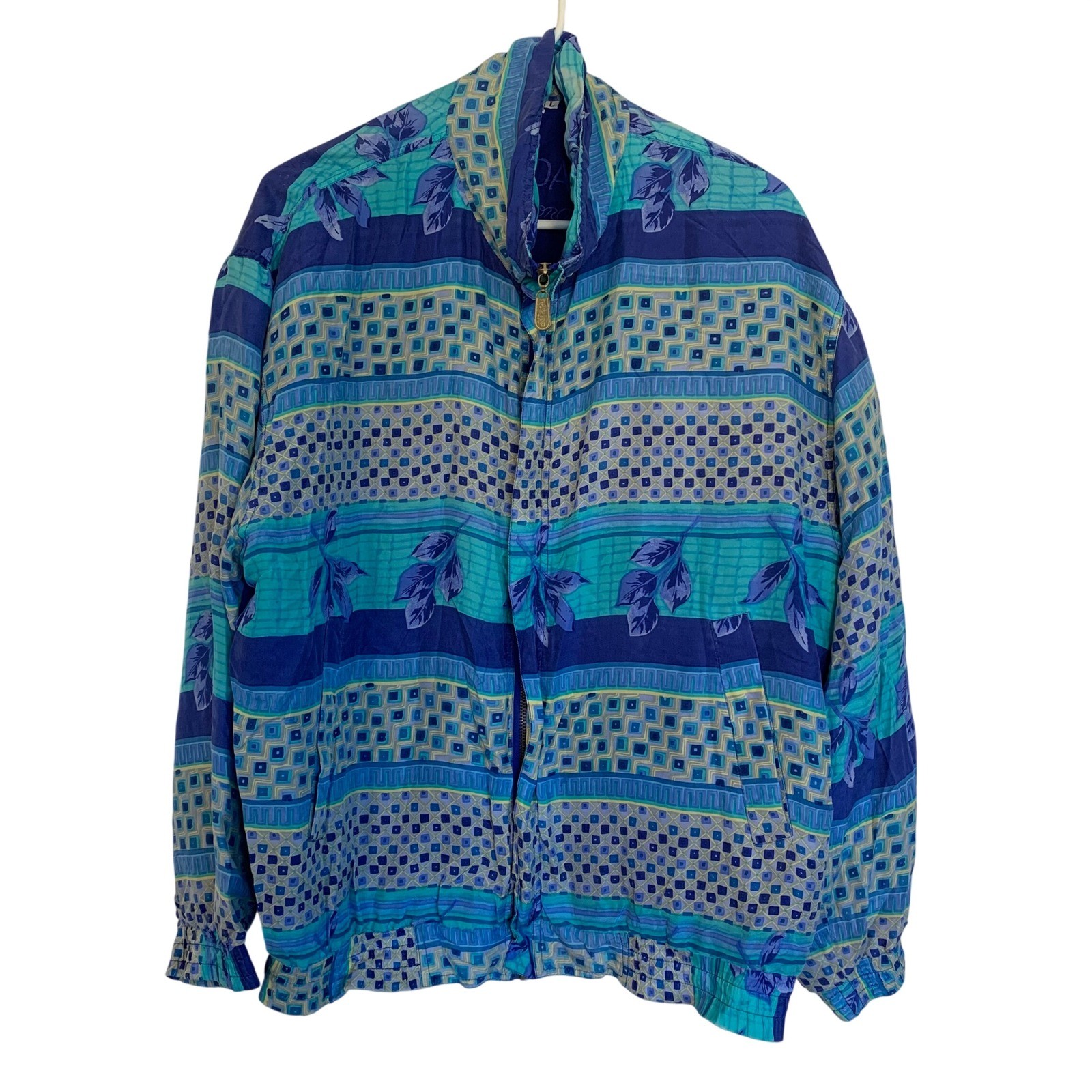 Fuda International Silk Jacket Womens Large Blue Green Pattern Full Zip Y2K