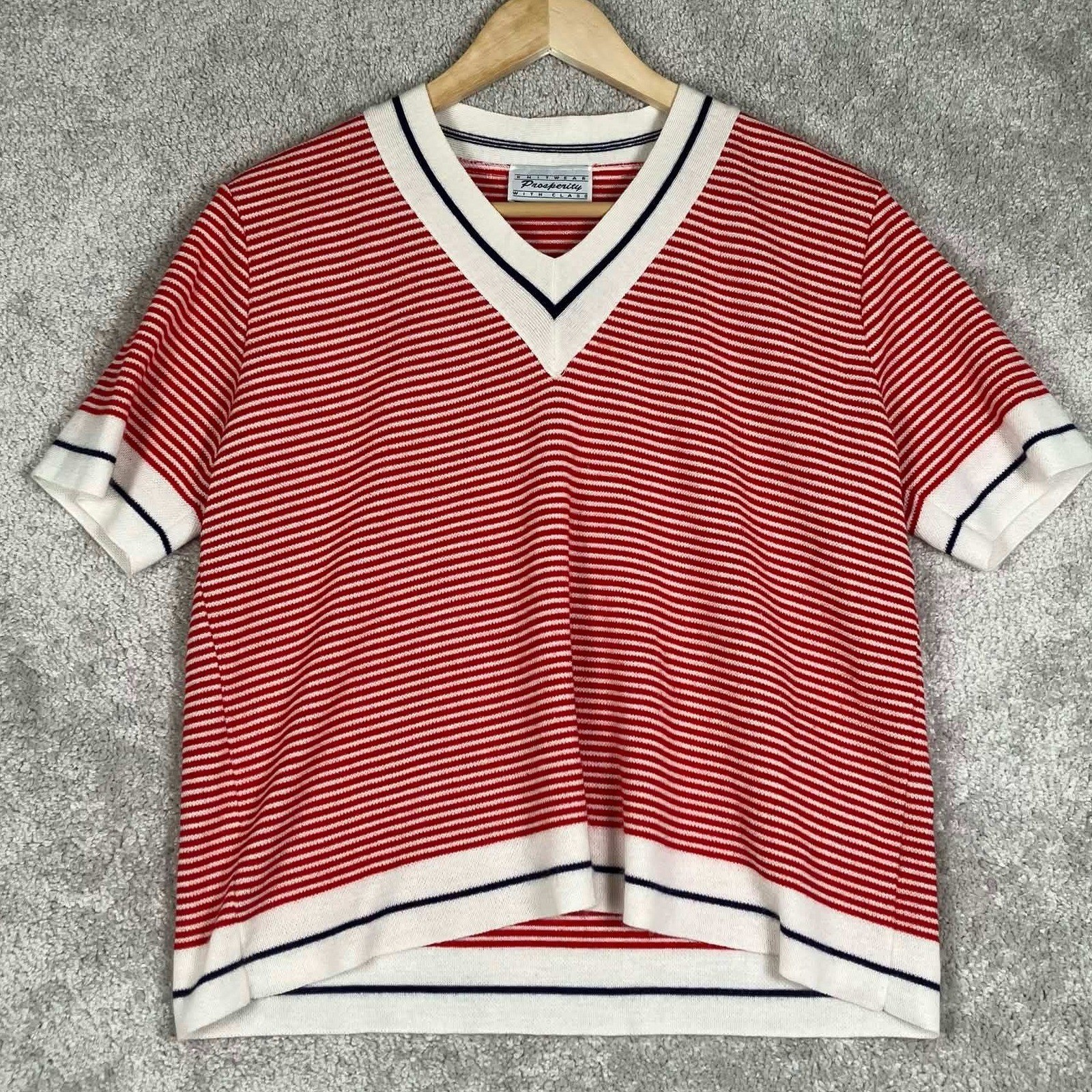 Vintage 80s Knit V-Neck Nautical Red White Striped Short Sleeve Sweater Retro