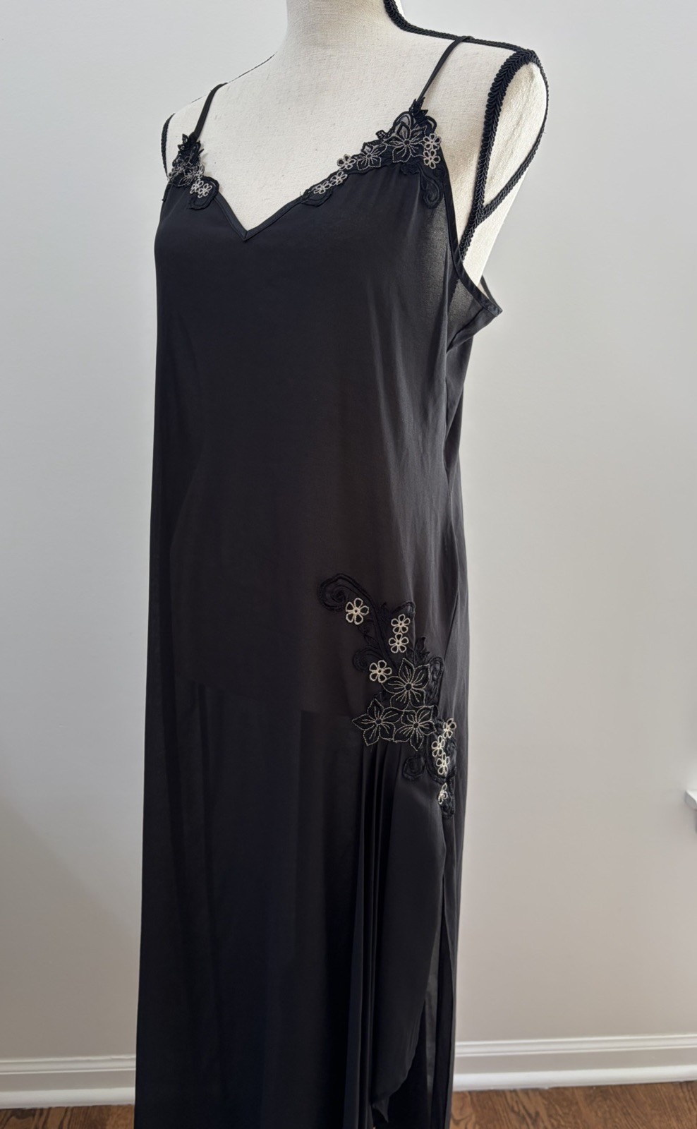 Linea Donatella Vintage Black Slip Dress Lingerie Lace Floral Whimsigoth Large