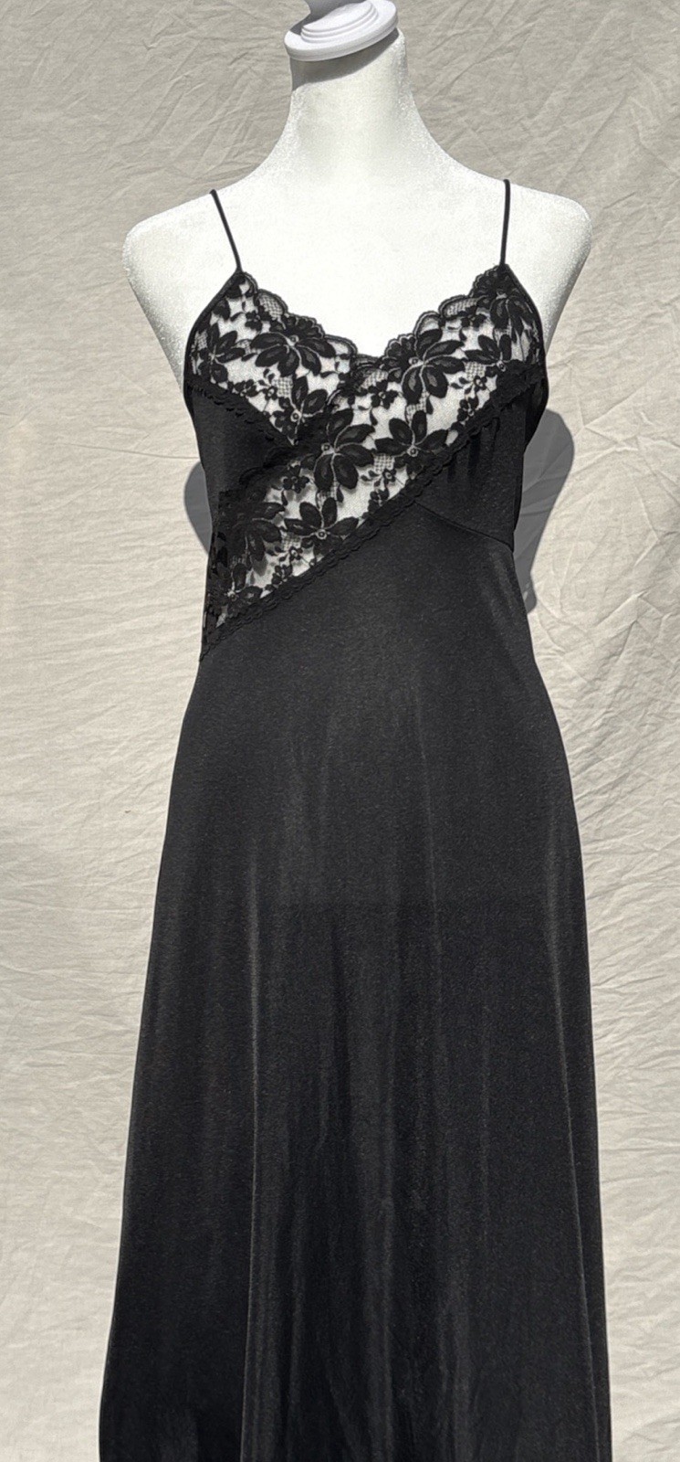 VTG 70s JCPenney Black Lace Maxi Nightgown S 8-10 Union Made USA Open Back