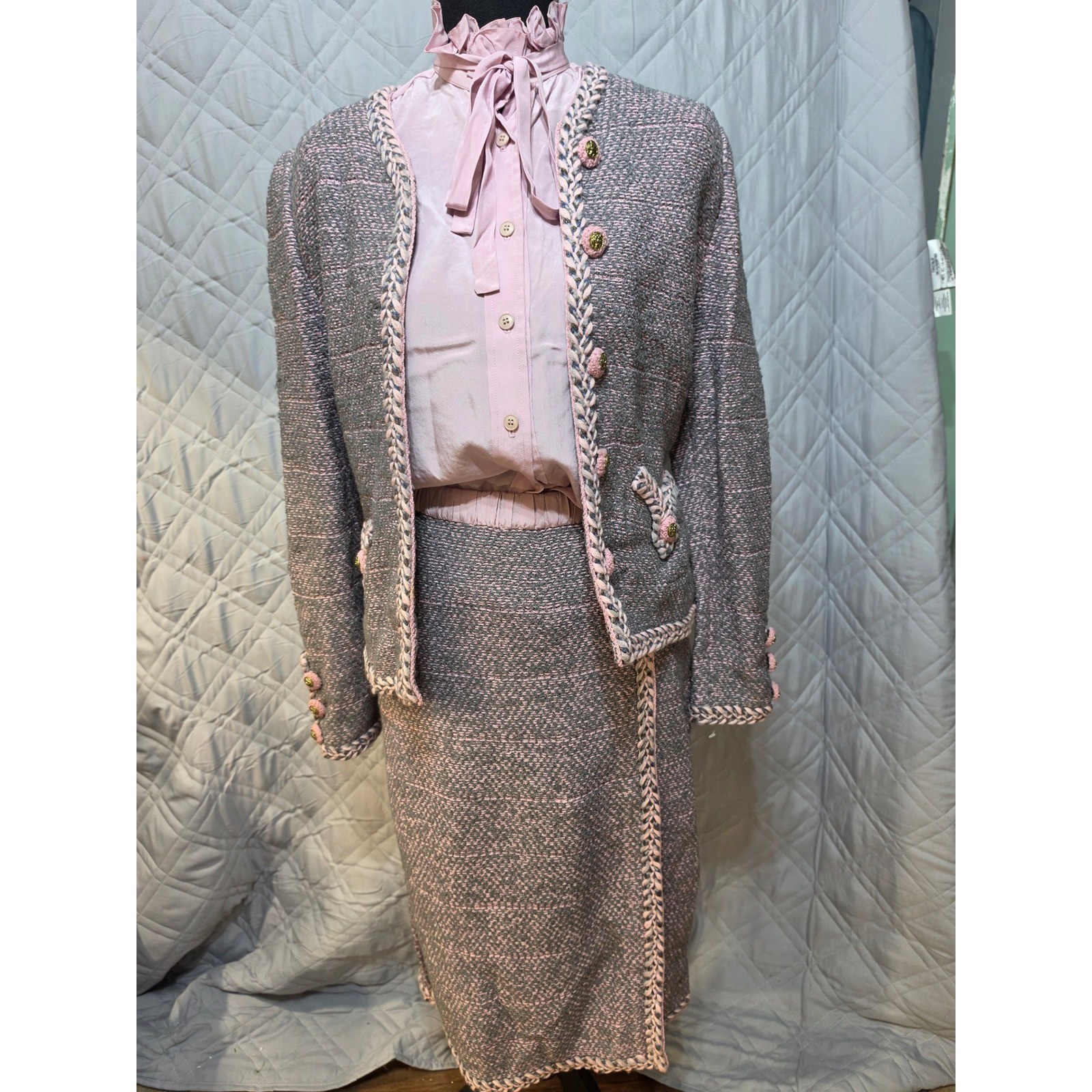 Adolfo Saks Fifth Avenue 3pc Suit Wool Knit Jacket Skirt Silk Blouse Pink Grey