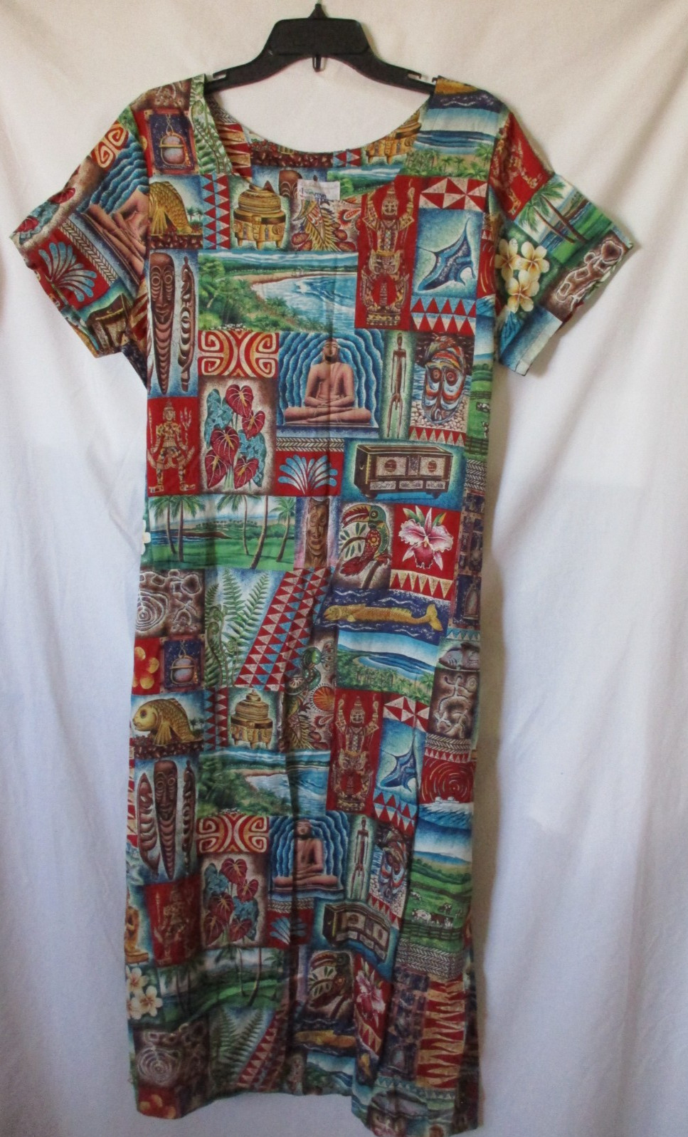 RARE Vintage Reyn Spooner maxi sheath Dress XL Hawaiian Buddha Tiki short sleeve
