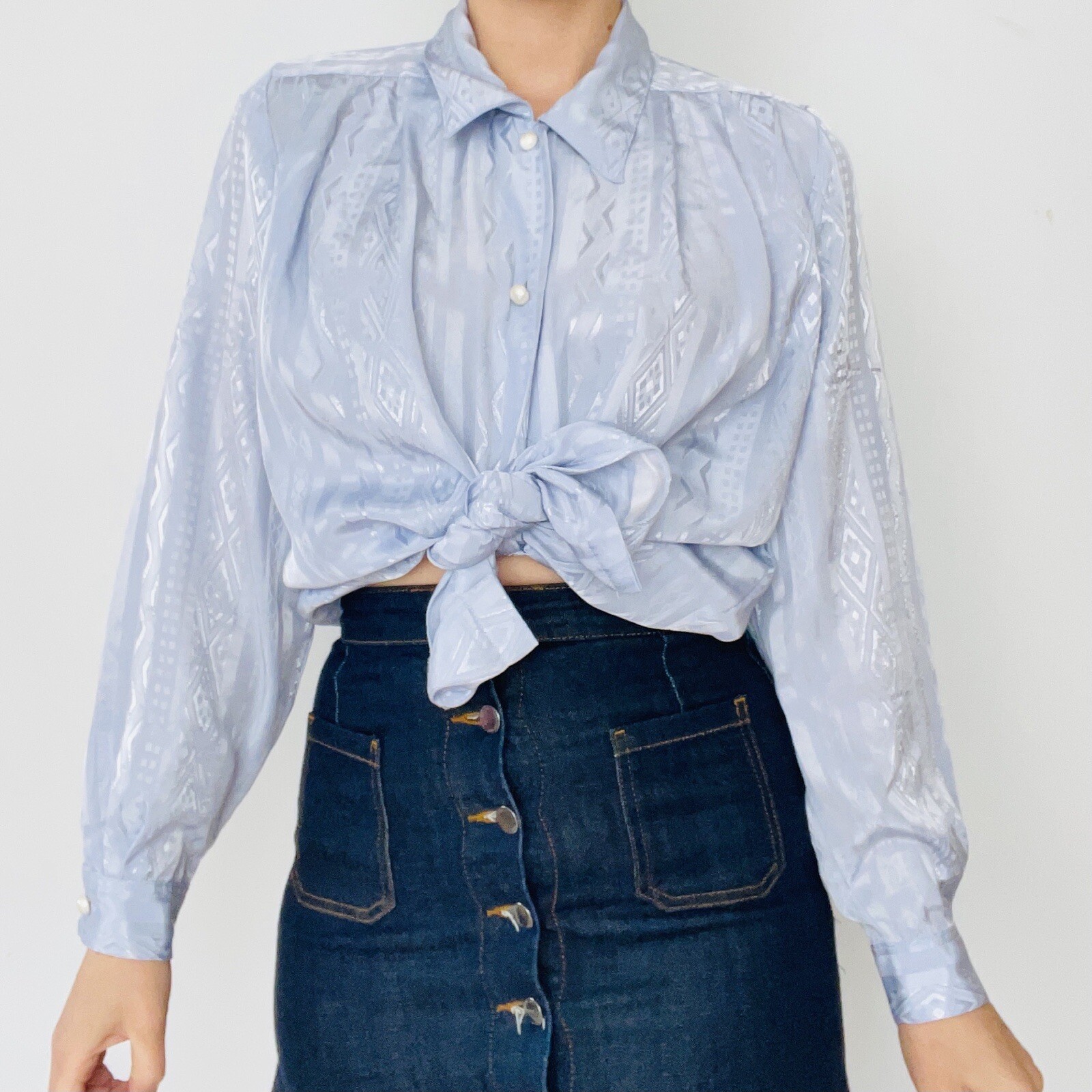 Vintage 80s 90s Any Wear smoky blue patterned satin blouse shirt top size 12
