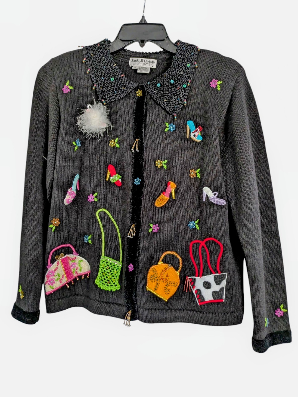 Vintage Jack B Quick Sweater Womens M Whimsical Novelty Beaded Purses Heels