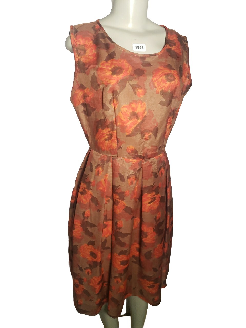 Vintage Lora Lenox Floral Sheath Dress Sleeveless Brown Orange Medium Unlined