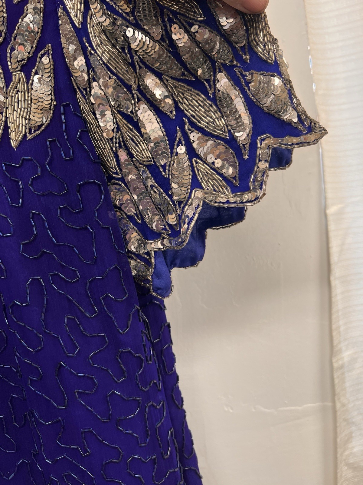 Vintage Formal Sequins Silk Beaded Dress Stenay 80’s Glamour Scallop Sleeves 14