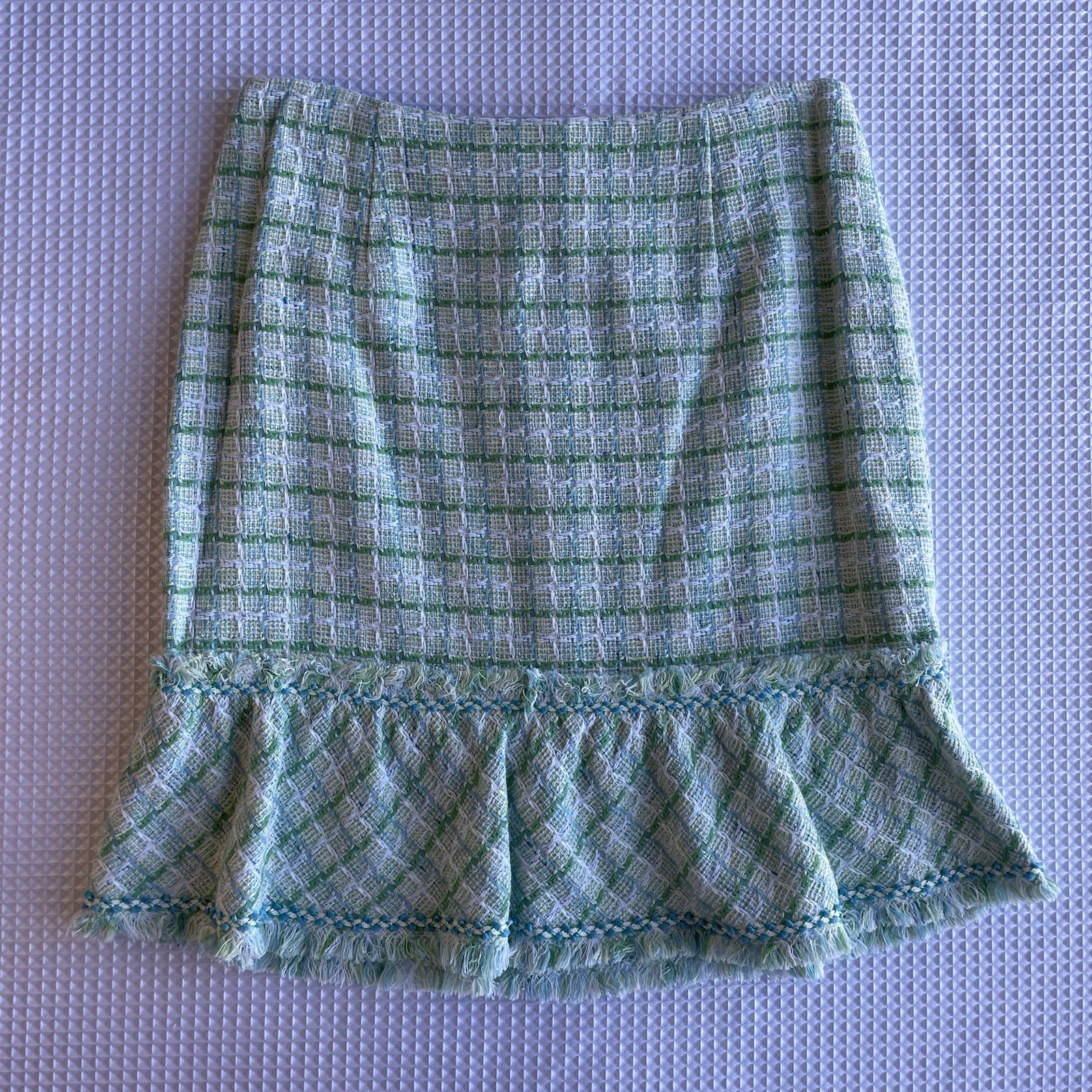 Kay Unger New York Tweed Jacket Skirt Suit | Fringe Trim | Pastel Green Sz 12