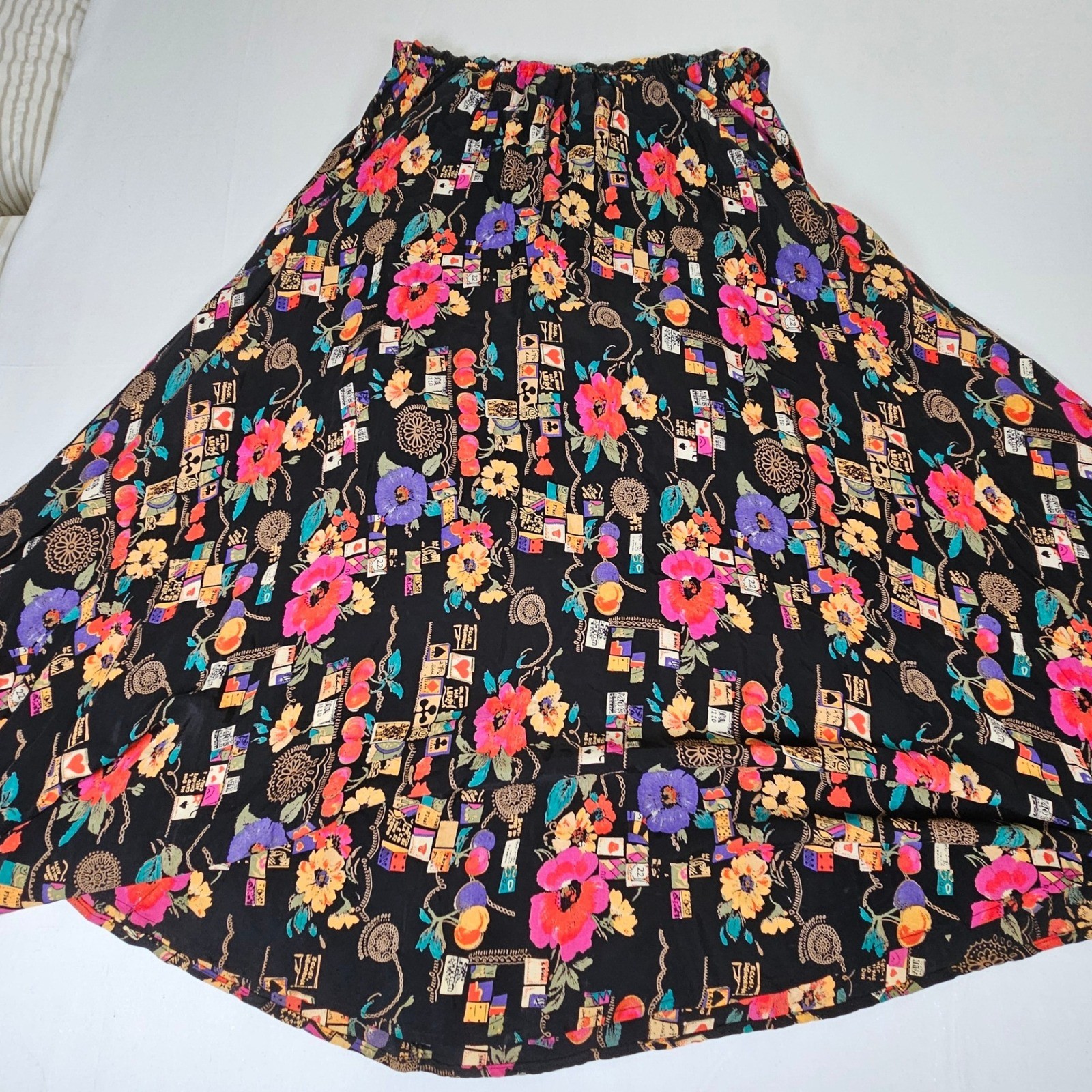 Carole Little Vintage Floral Playing Card Novelty Print Maxi Dress Black Size 14