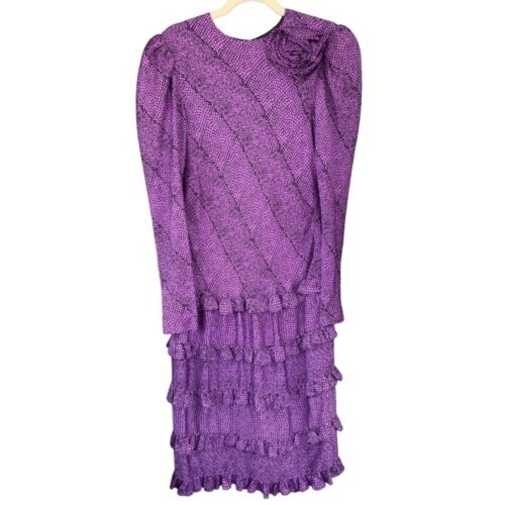 T7 80s VTG Jill Richards 100% Silk Ruffle Tiered Snake Print Dress Puff Sleeve