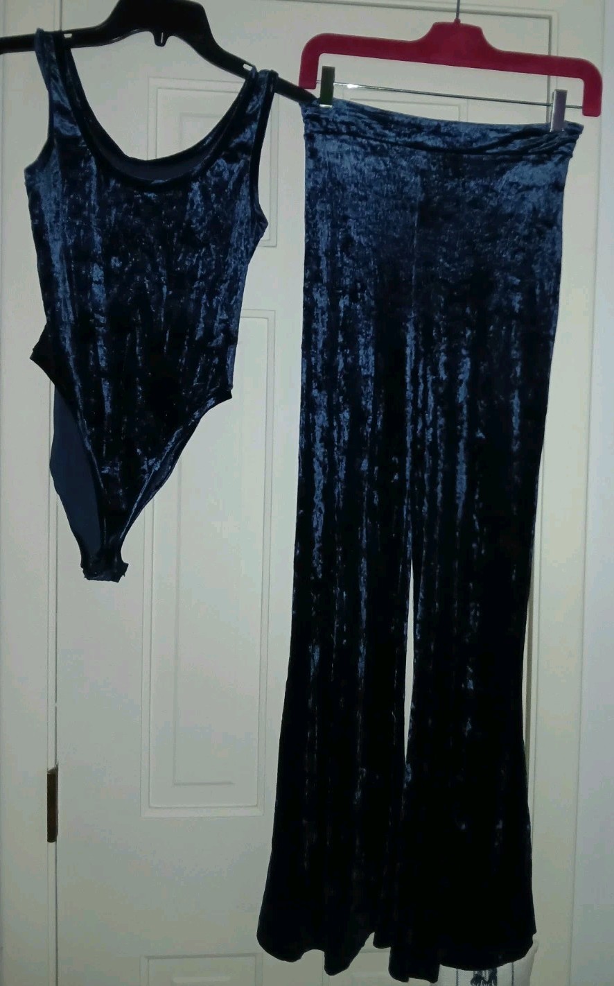 Vintage David Fielden London Blue Velvet 2pc Bodysuit & Flared Pants UK 10 US 6
