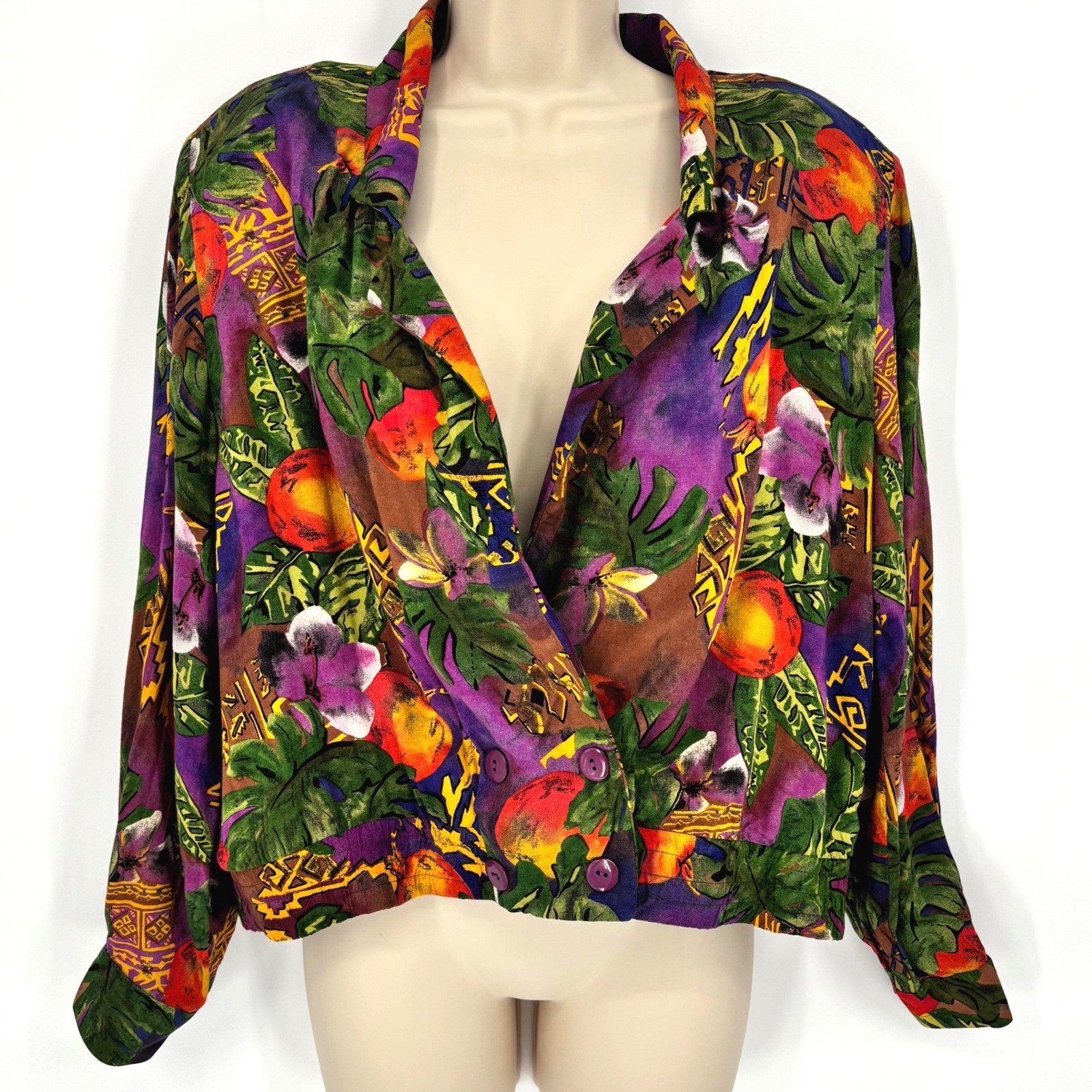 PS Illustrations Vintage Tropical Fruit Floral Cropped Jacket Purple Multicolor