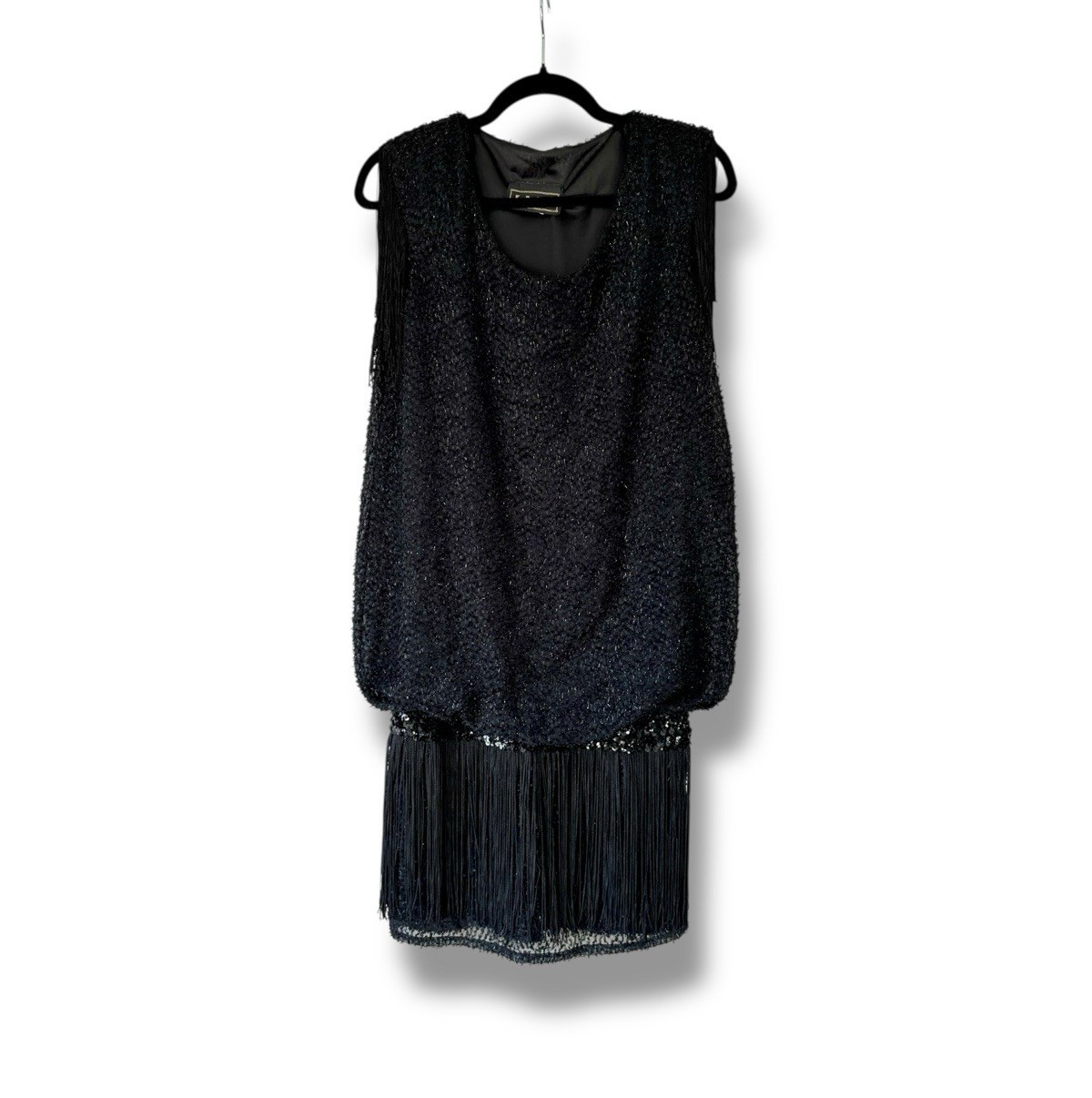 Vintage 70s Sparkly 20s Flapper Black Fringe Party Dress Sequin Trim 5/6 LA GLO