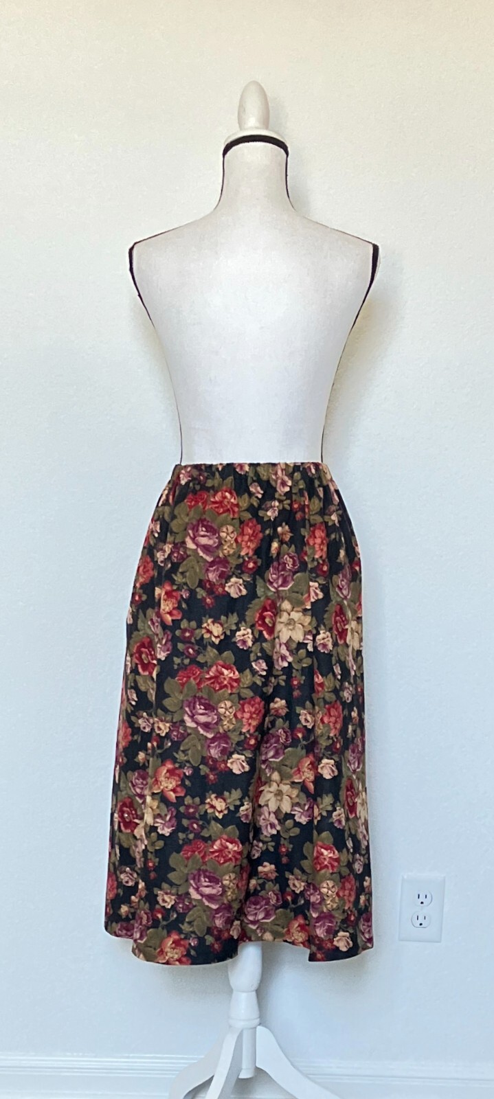 1980s Hand Sewn Floral Midi Skirt, Vtg Skirt with Elastic Waistband