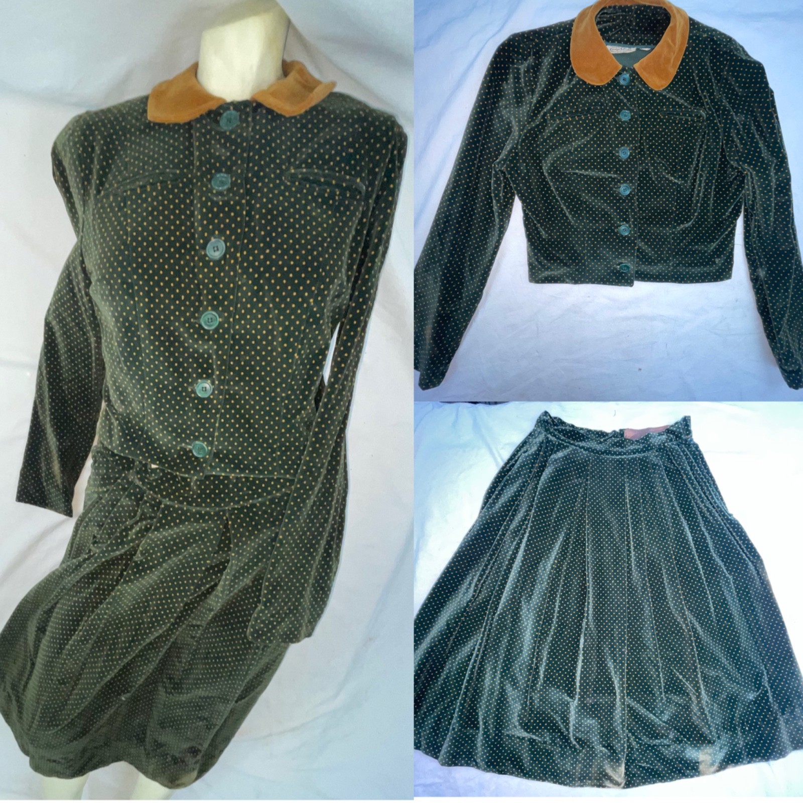VTG 60S WOMENS S GREEN BUTTON POLKA DOT 2 PIECE VELOUR DRESS SKIRT JACKET SET