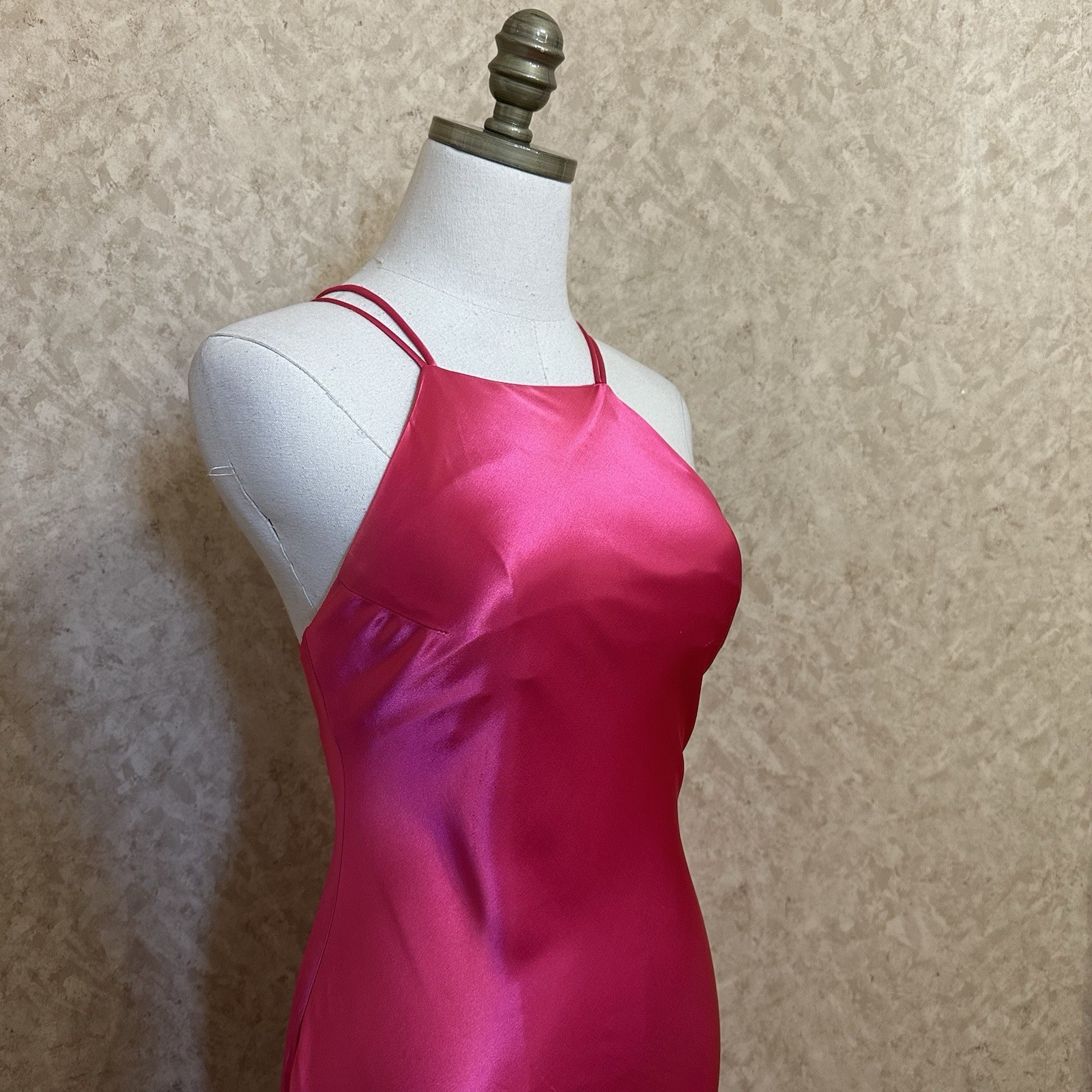 VTG 90s Hot Pink Satin High Neck Low Back Formal Slip Prom Dress