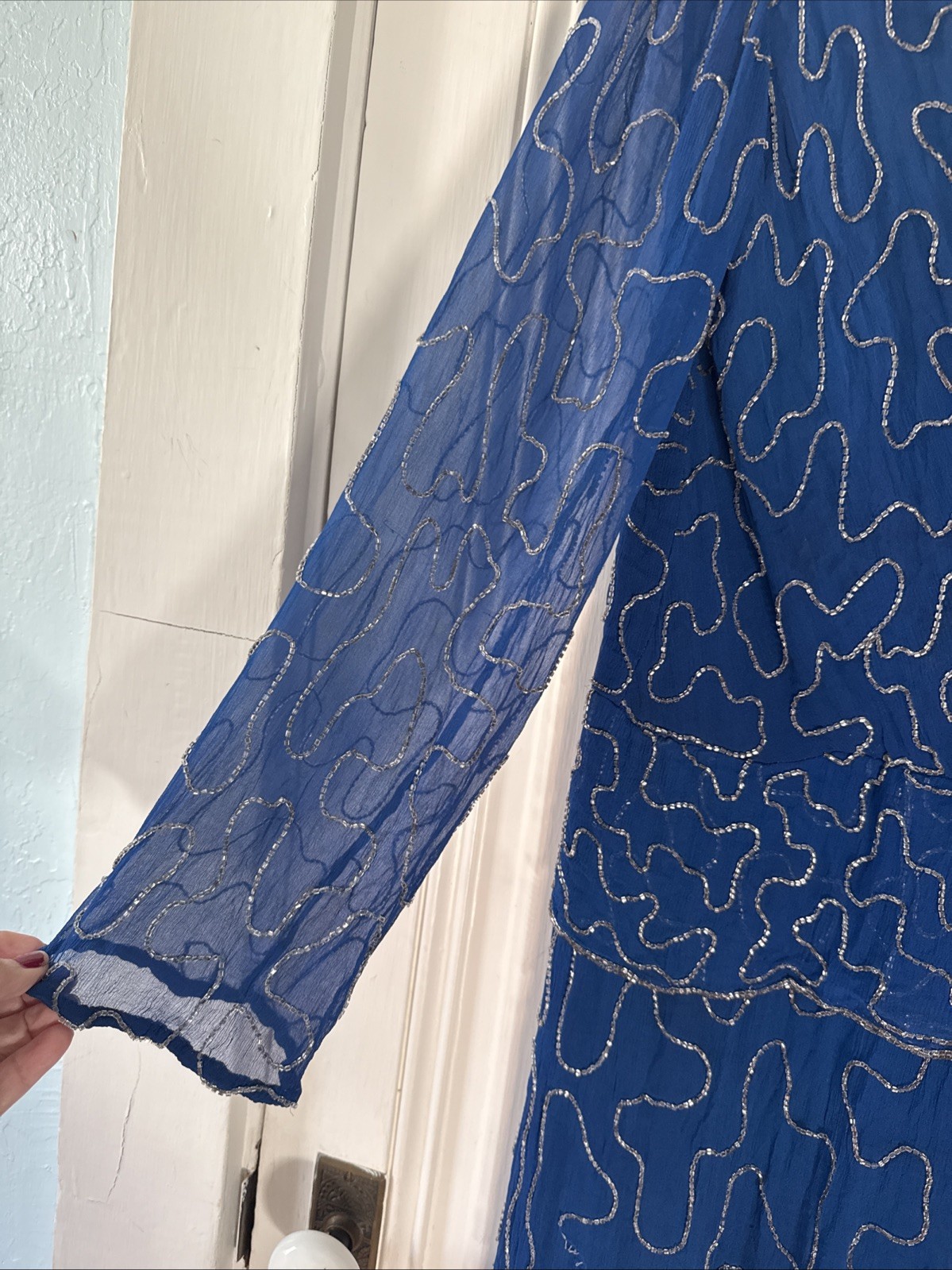 Vintage 80s Glam Cassis- Blue & Silver Hand Beaded Silk Midi Dress – Size M