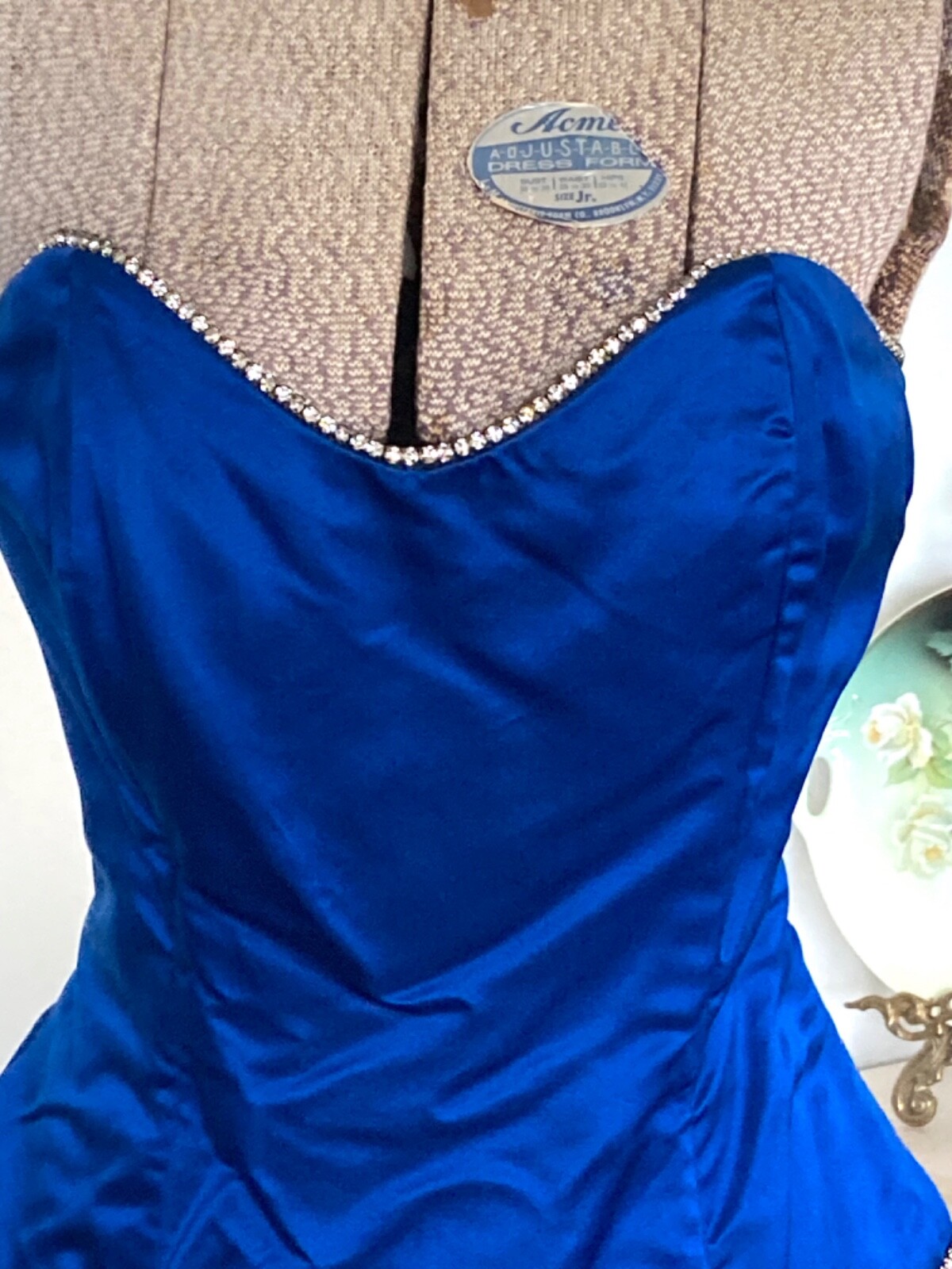Vintage CACHE Peacock Blue Silk Bubble COCKTAIL Dress Rhinestones Strapless 36