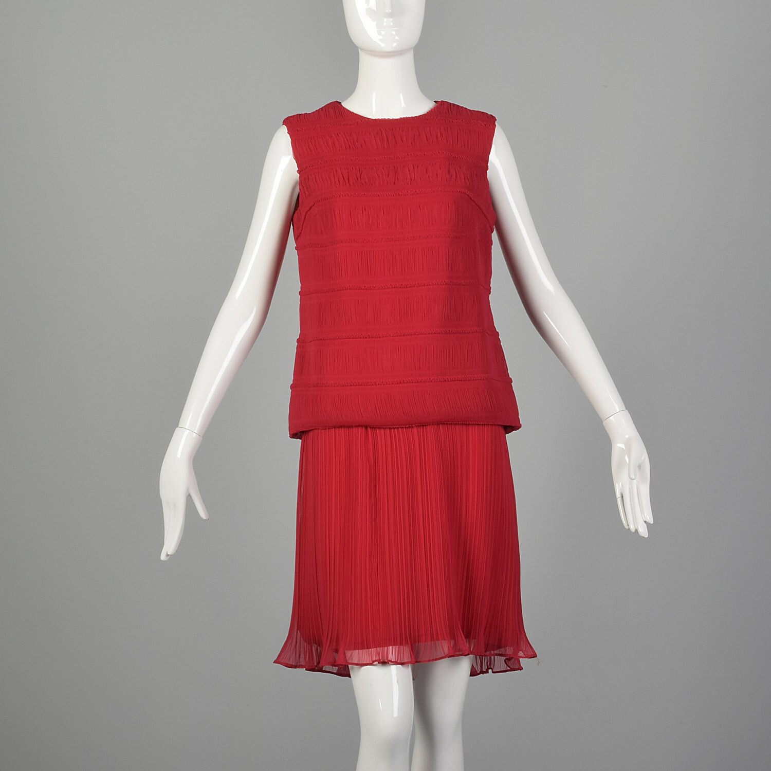 S Hot Pink Dress 1960s Two Piece Illusion Sheer Overlay Pleated Chiffon 60s VTG