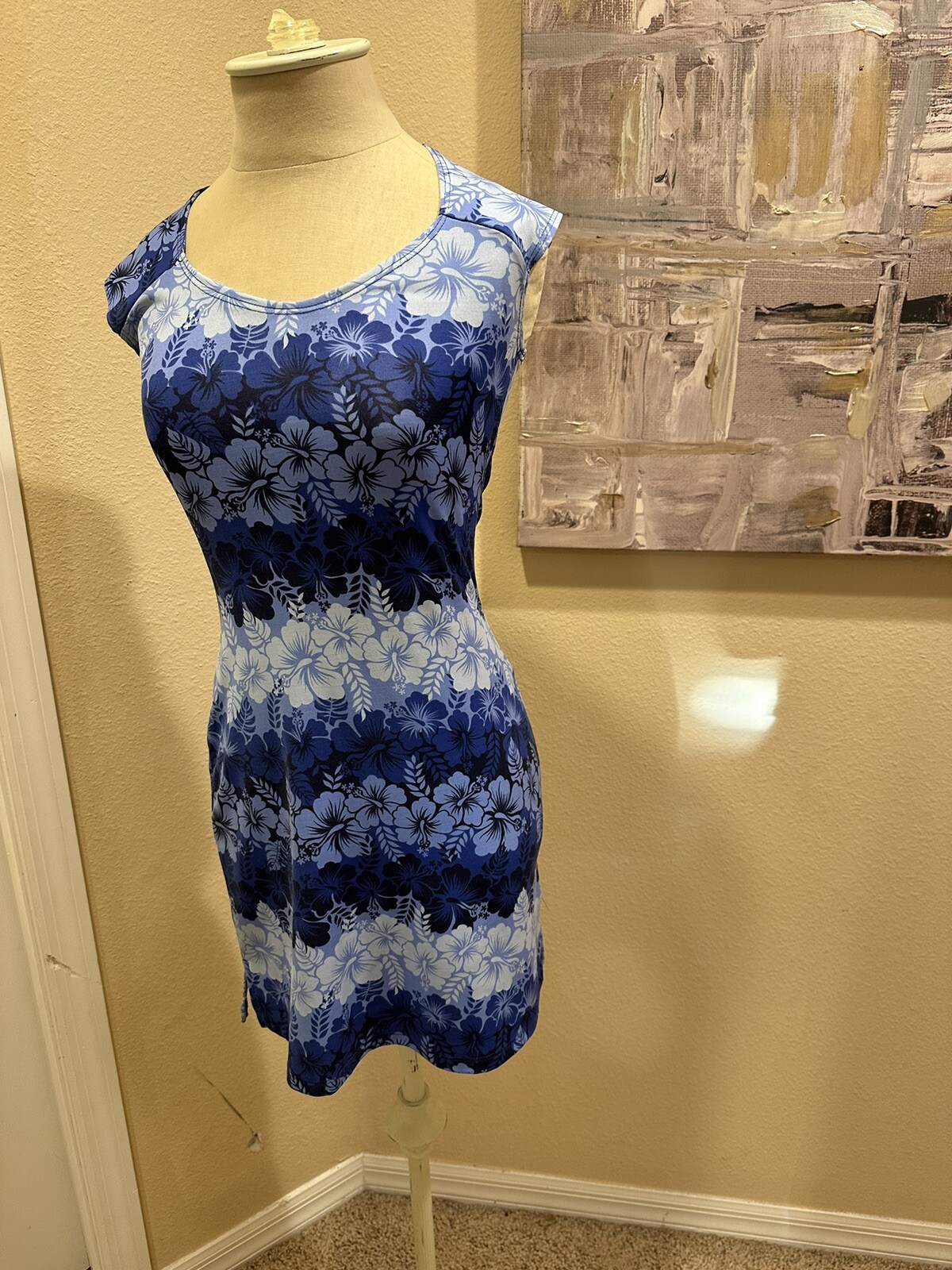 Vintage 90s Tropical Floral Blue Hibiscus Print Stretch Mini Dress Finesse Sz S