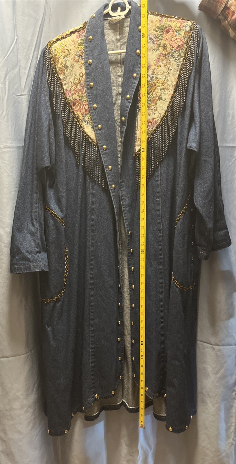 RARE Vintage 80s Charle Casuals Beaded Tapestry Gold Denim DUSTER BOHO See Pix