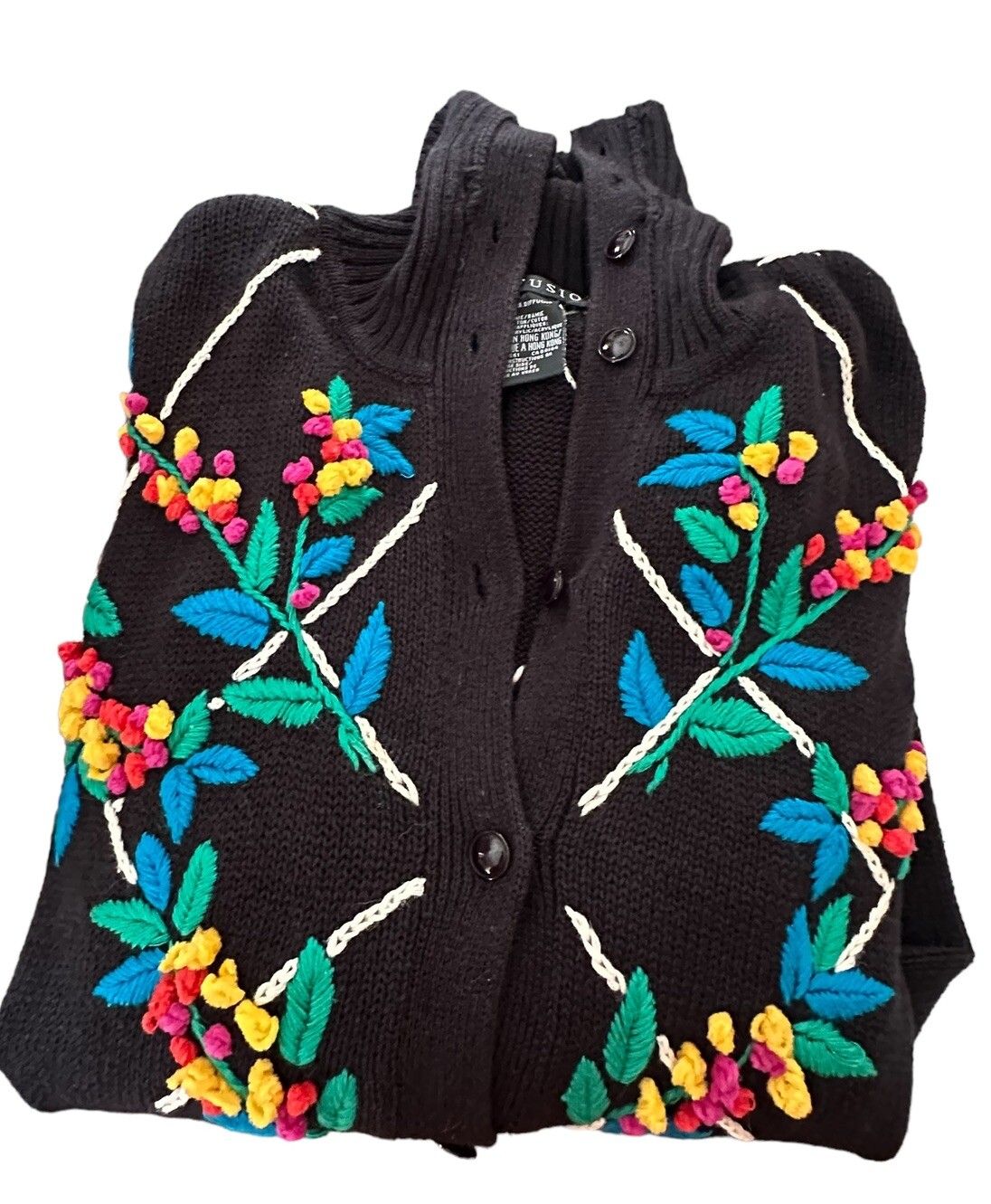 Vintage IB Diffusion Womans Black Cotton Sweater Colorful Multi Color Floral Med