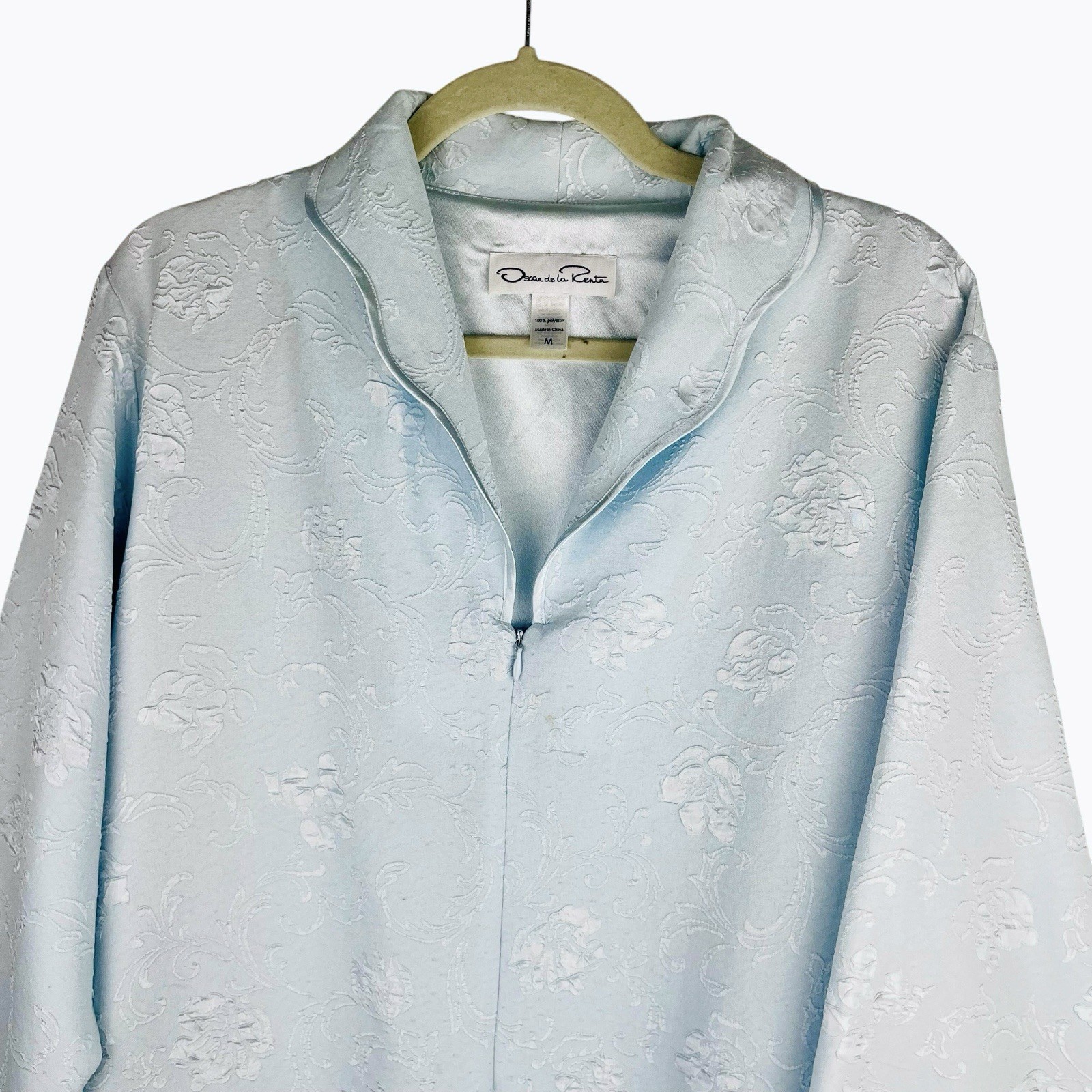Vintage Oscar De La Renta Blue House Coat Robe Medium 1/2 Zip Cuff Long Sleeve