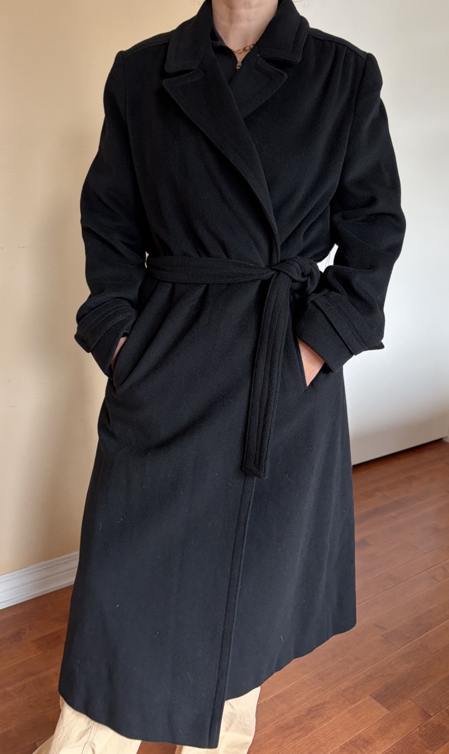 Vintage 1970s Joseph Magnin Black Cashmere Wrap Long Coat Made In italy Sz XS/S