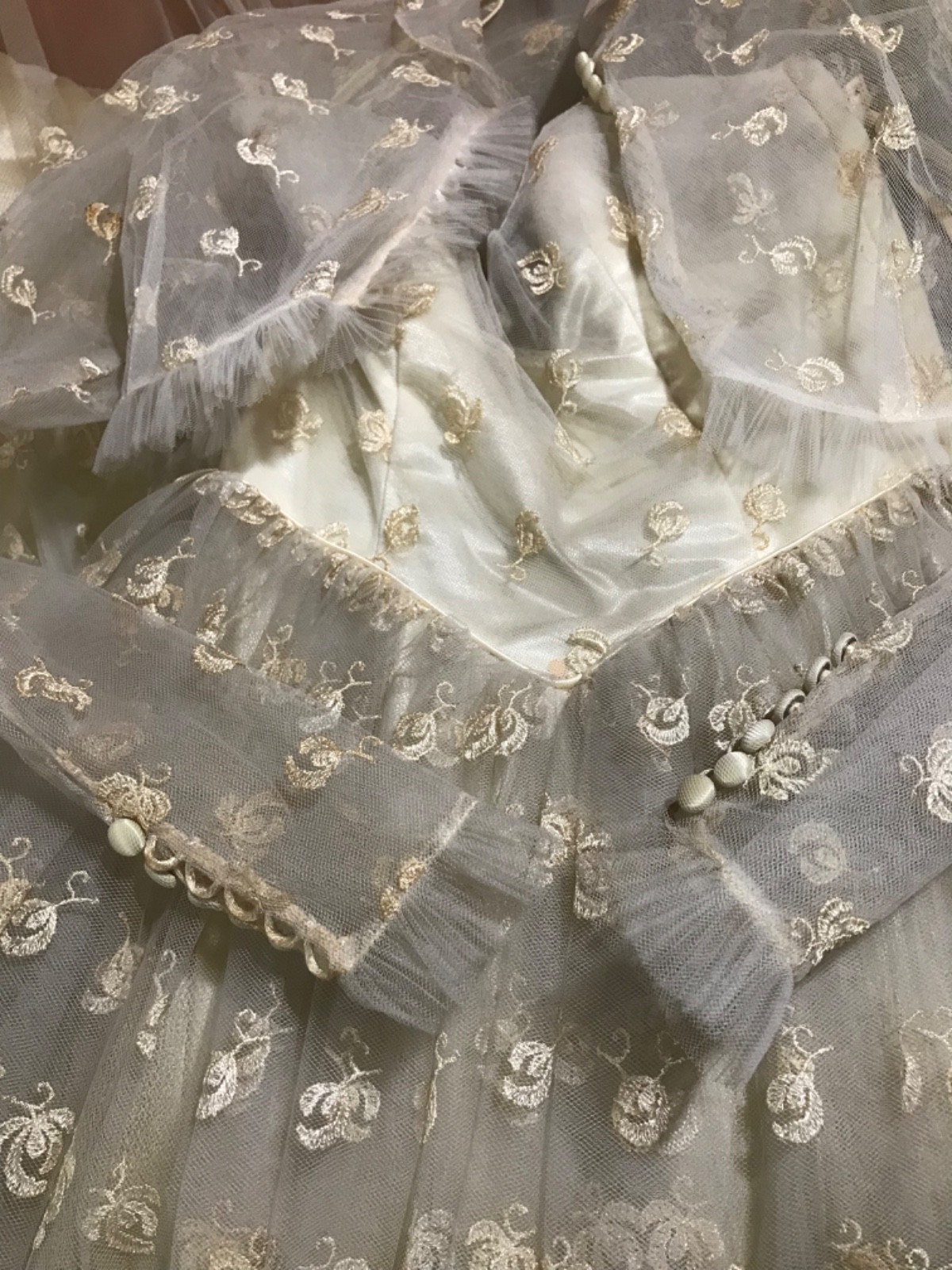 50’s ivory layered tulle lace overlay XS wedding dress with matching crop jacket