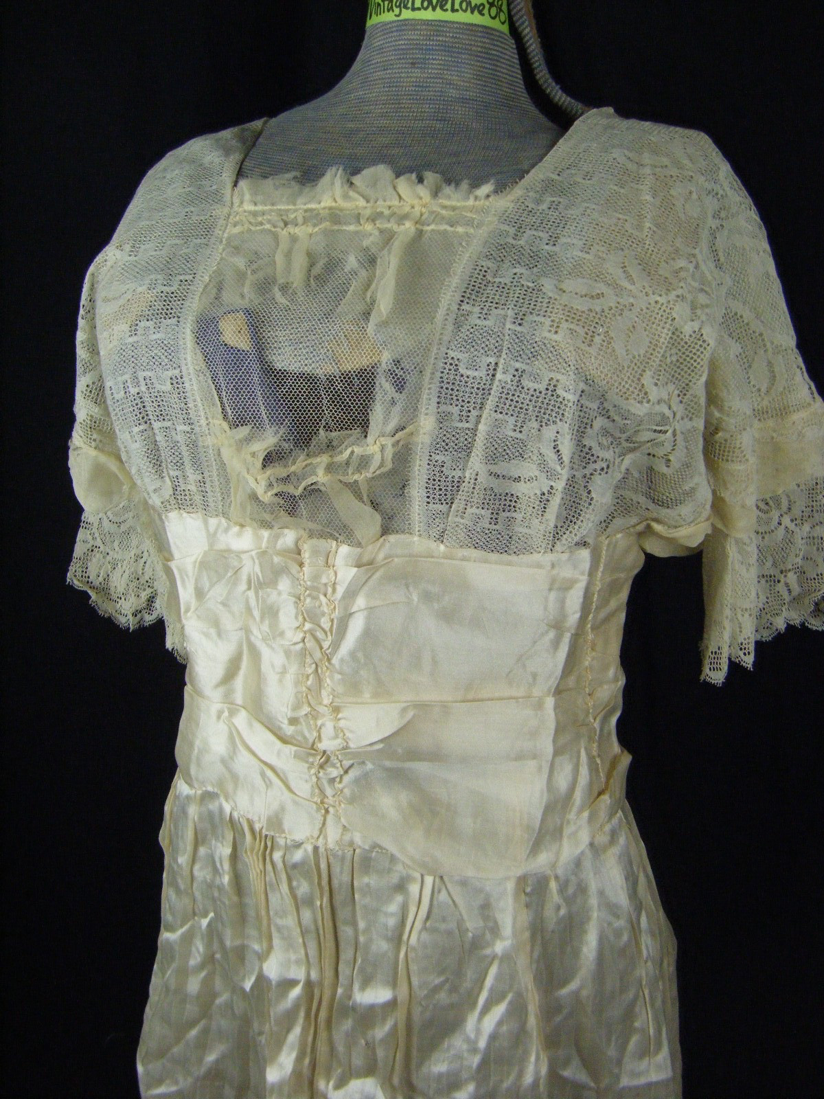 Antique Edwardian Ivory Silk Lace Wedding Dress n Garter-Bust 36/2XSAS-IS