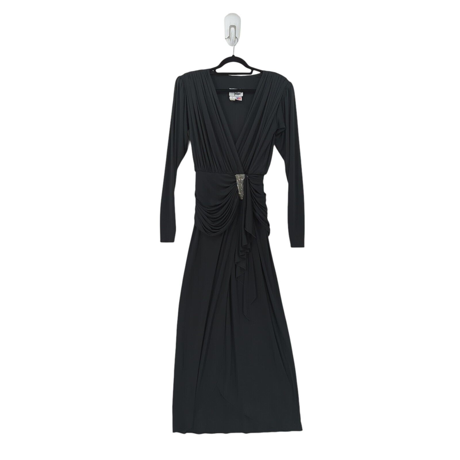 VTG 80s Tadashi Shoji Women 6 Dress Black Gown Beaded Faux Wrap Empire Waist