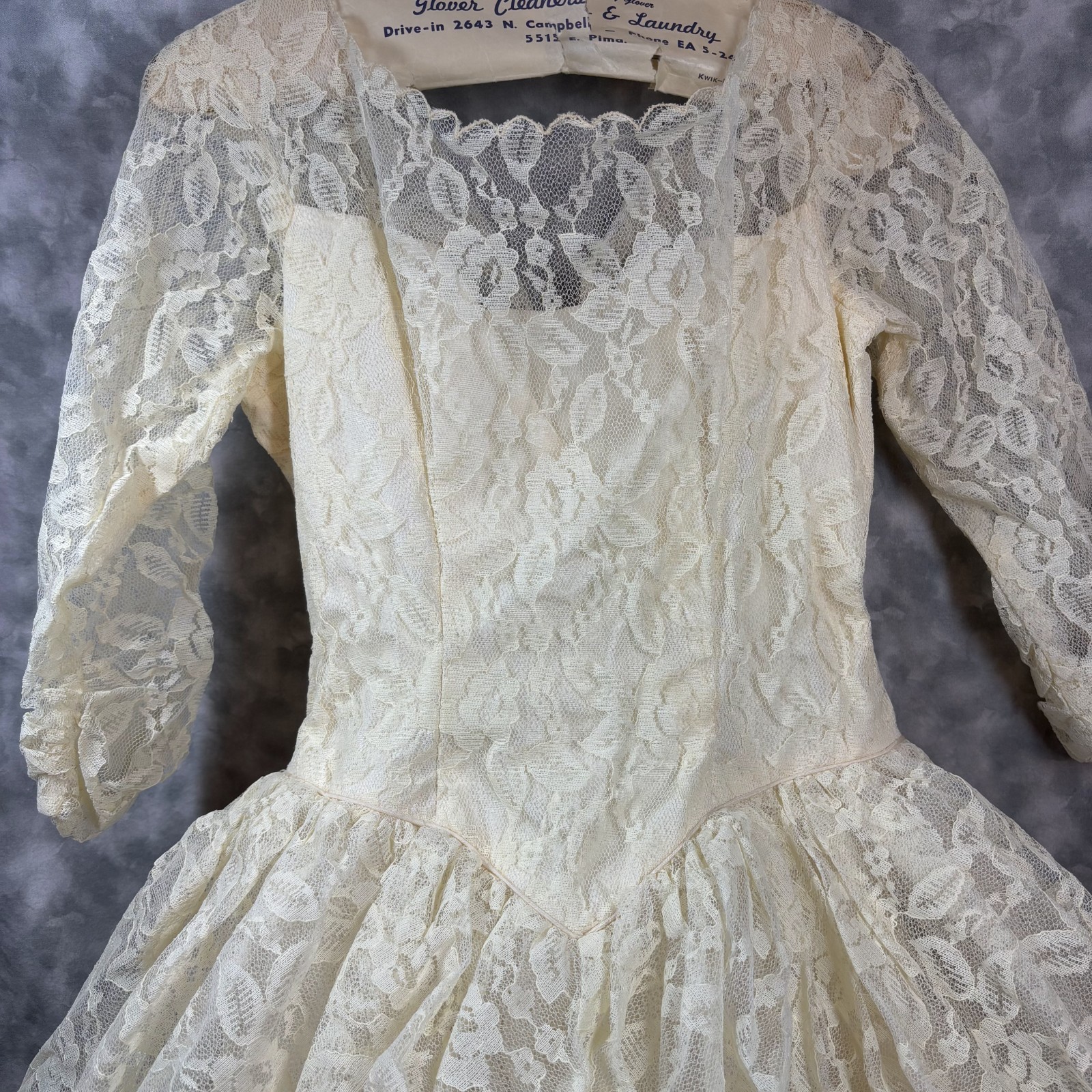 1950s Vtg Ivory Lace Wedding Dress Tea Length Tulle Crinoline Rose Detail 💐👰 R