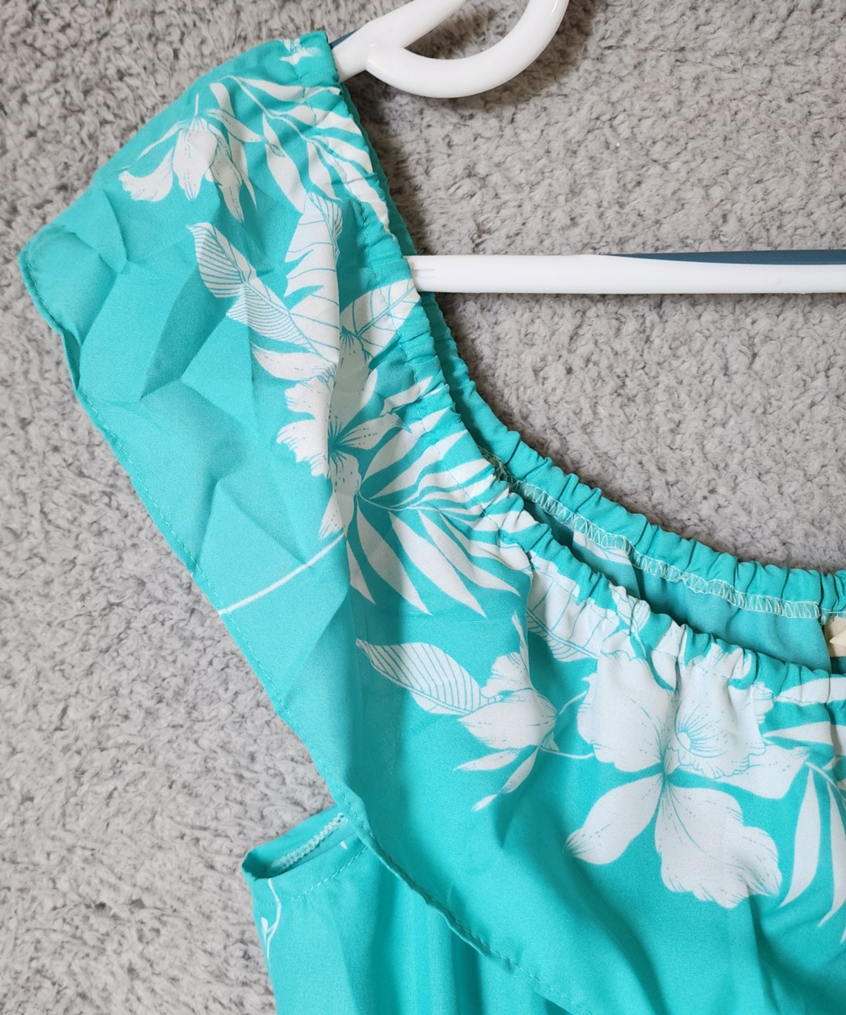 Vtg Royal Princess L Hawaii Dress Tropical Blue White Floral Off Shoulder Ruffle