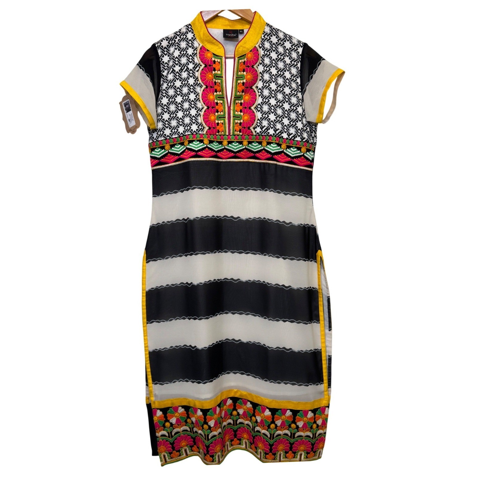 Vanita Boutique Kurta Tunic Dress XL Striped Yellow Embroidered Vtg 80s Festive