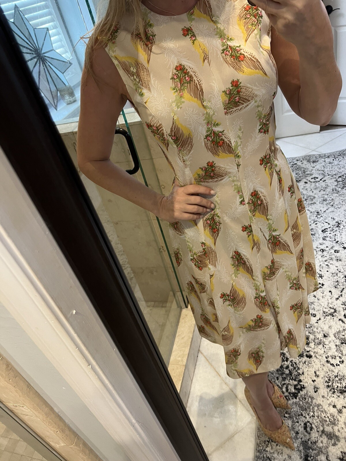 Vintage 70s Sears Tan Pink Floral Print Wheat Brown Midi Dress S M