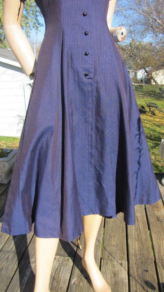 1940S NAVY & RED FITTED DRESS FLAIR SKIRT SHOULDER PADS PRINCESS SEAMS 26W