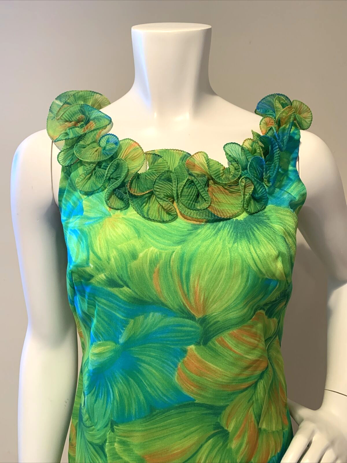 NEW Vintage 1960s House of Nu-Mode Green Yellow Semi Sheer Floral MINI DRESS 4/6