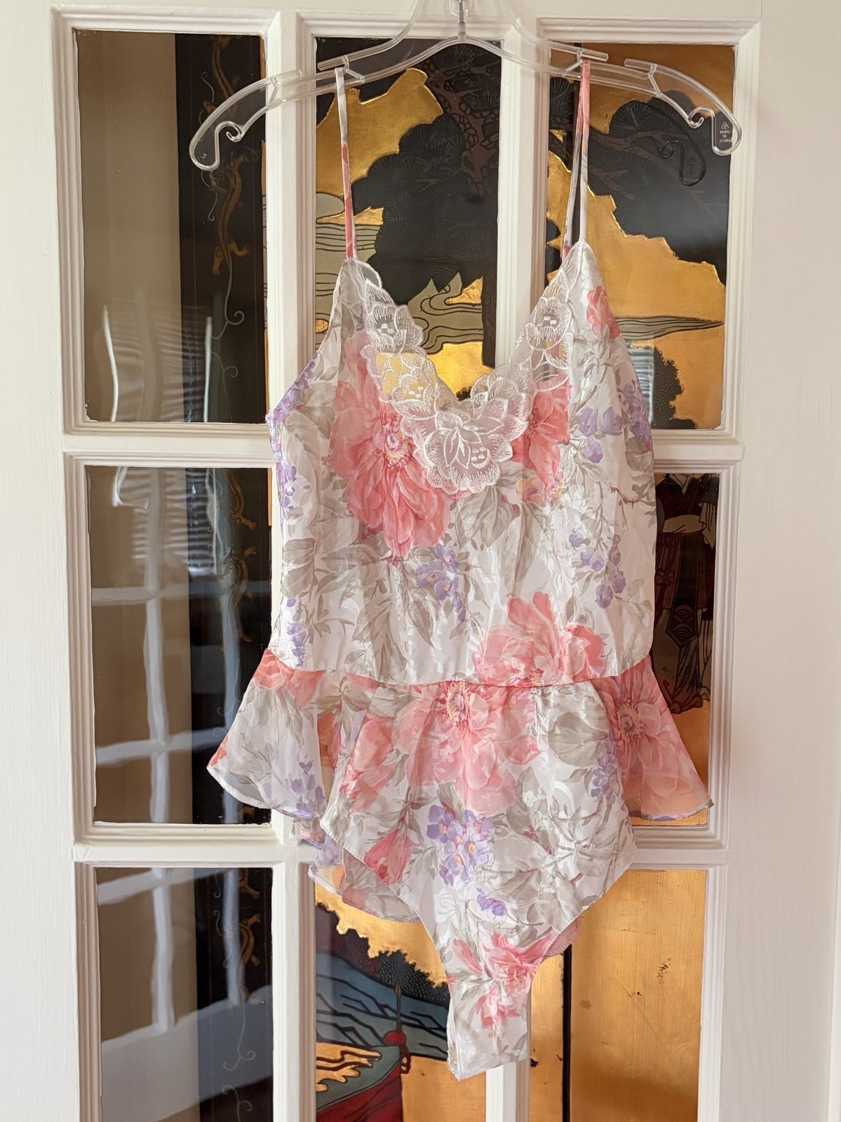 Vintage Lucie Ann II Floral Teddy Bodysuit Petite Lace Trim Ruffle USA Made