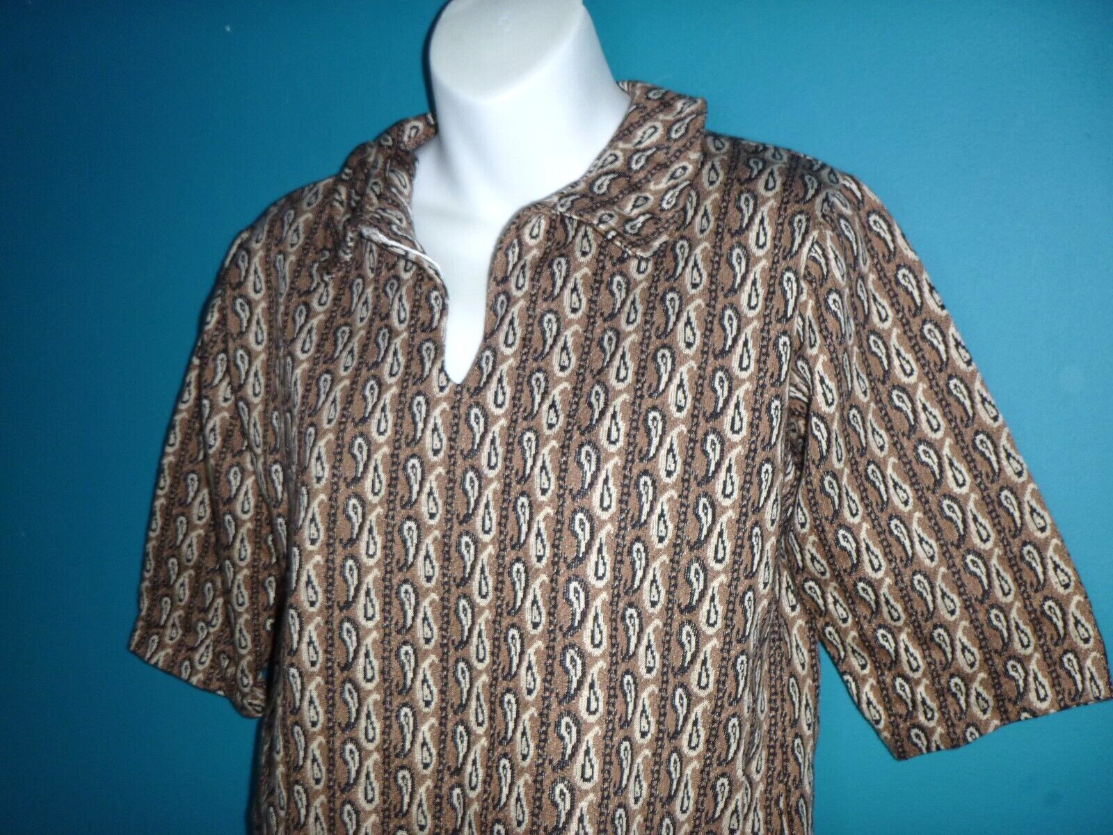 NOS Vtg 60s Stylecraft Cotton Knit Top Brown Black Paisley Sz M/L DEADSTOCK