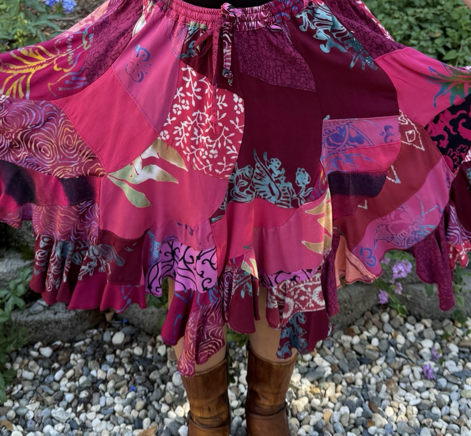 Vintage 1980s Patchwork Skirt Elastic Waist Hot Pink/Magenta +Free Bonus Top M/L