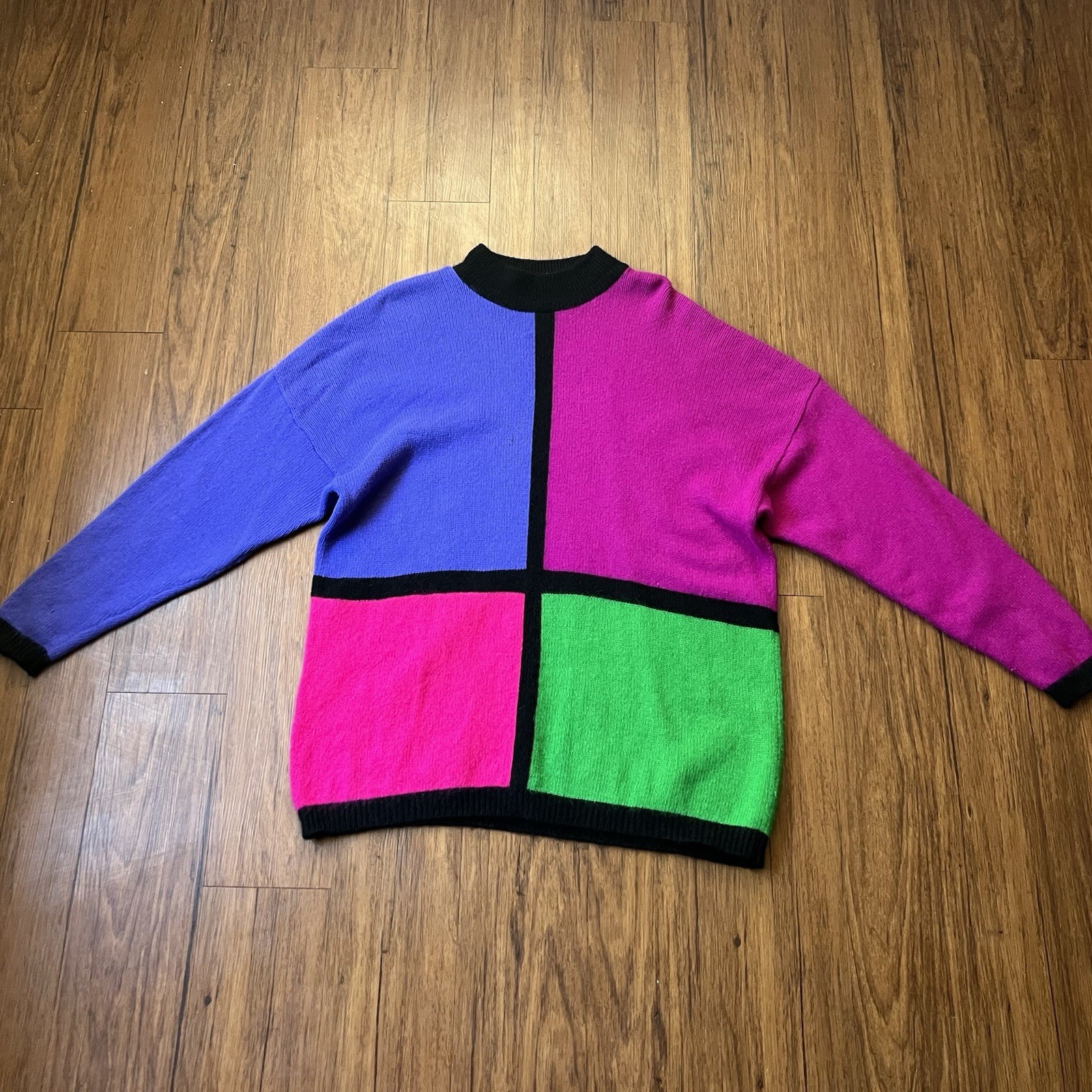 Vintage 80s Rafaella Sweater 3X Color Block Sweater Angora Lambswool Funky Retro