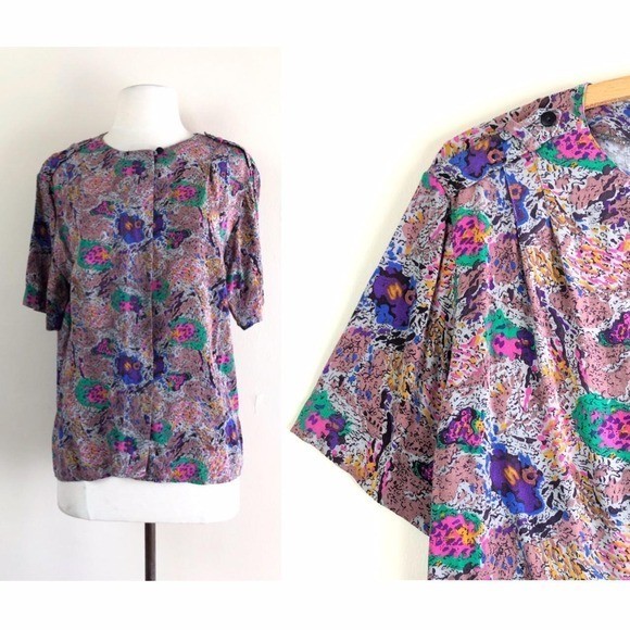 vintage abstract art ameoba print button up | utility shirt blouse top 90s 1990s