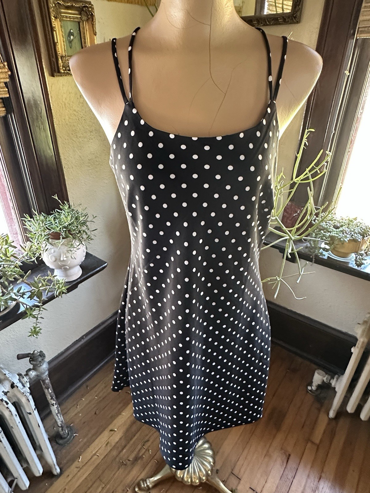 Vintage 80’s DBY Woman’s Dress Black/White Polka Dots Cute Tie Up Back Sz. M