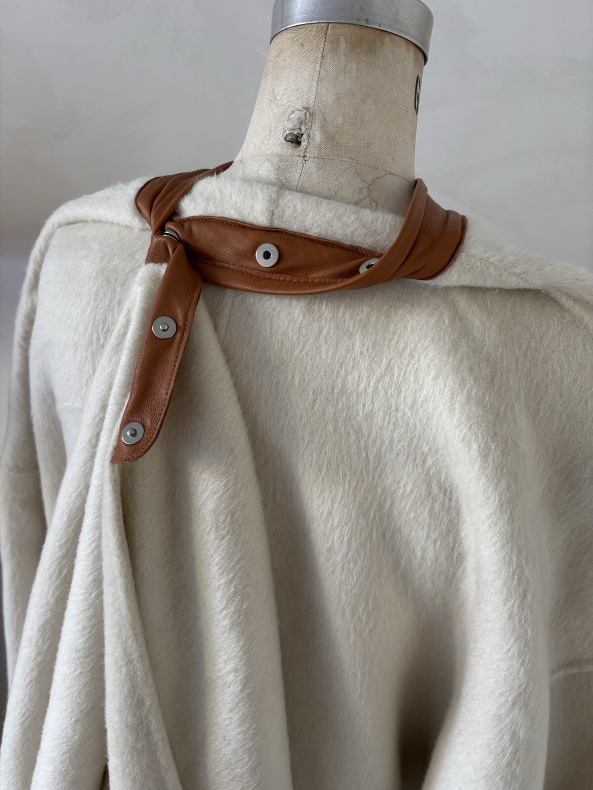 Unique Cream Coat Wool Silk Rabbit Hair With Leather Trip And Removable Scarf