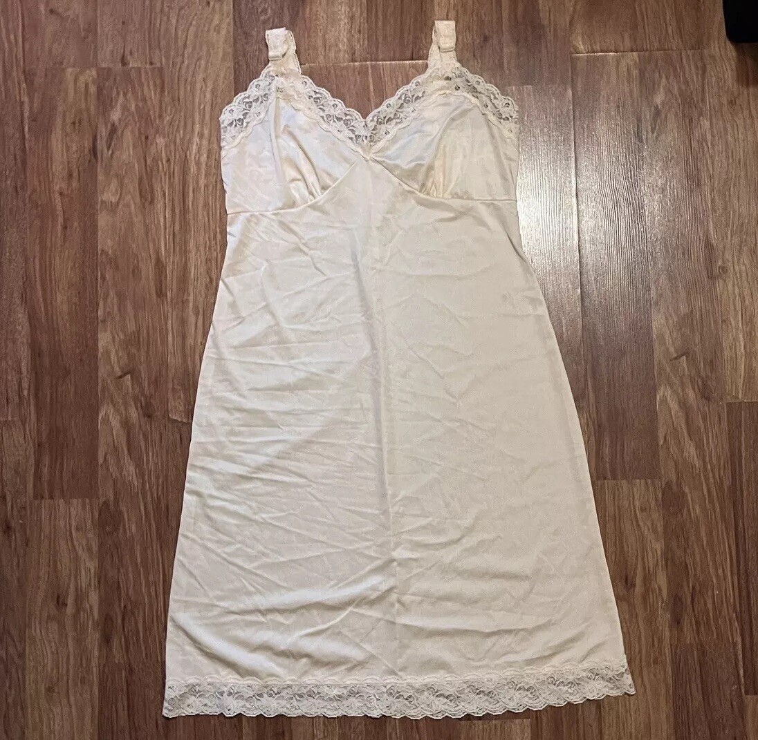Vintage Ivory Slip Dress Lace Trim Y2K 90s Silky Chemise Witch Fairy Gown