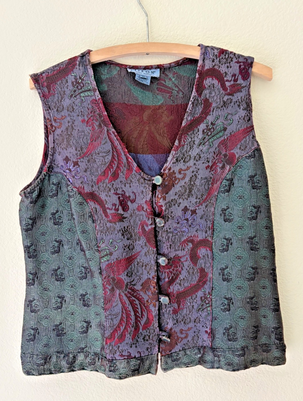 Vintage 90s Y2k Silk Artisan Patchwork Citron Santa Monica Vest M Boho Jacquard