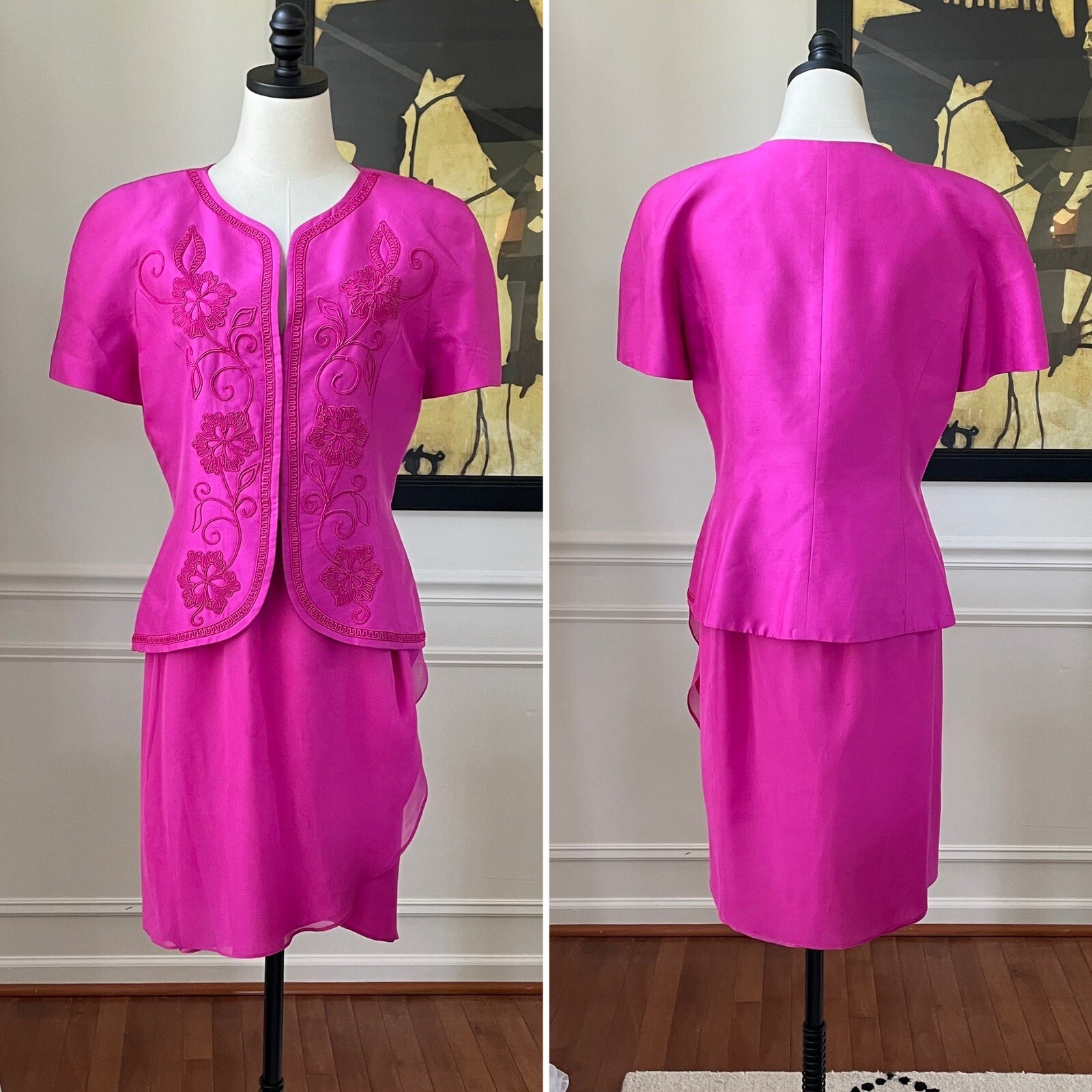 Vintage Constance Saunders Embroidered Silk Jacket Wrap Skirt Raspberry Pink 10