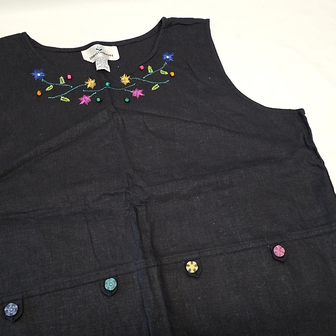Vtg Erin London Tank Top Women PL Black Linen Blend Floral Embroidered Beaded